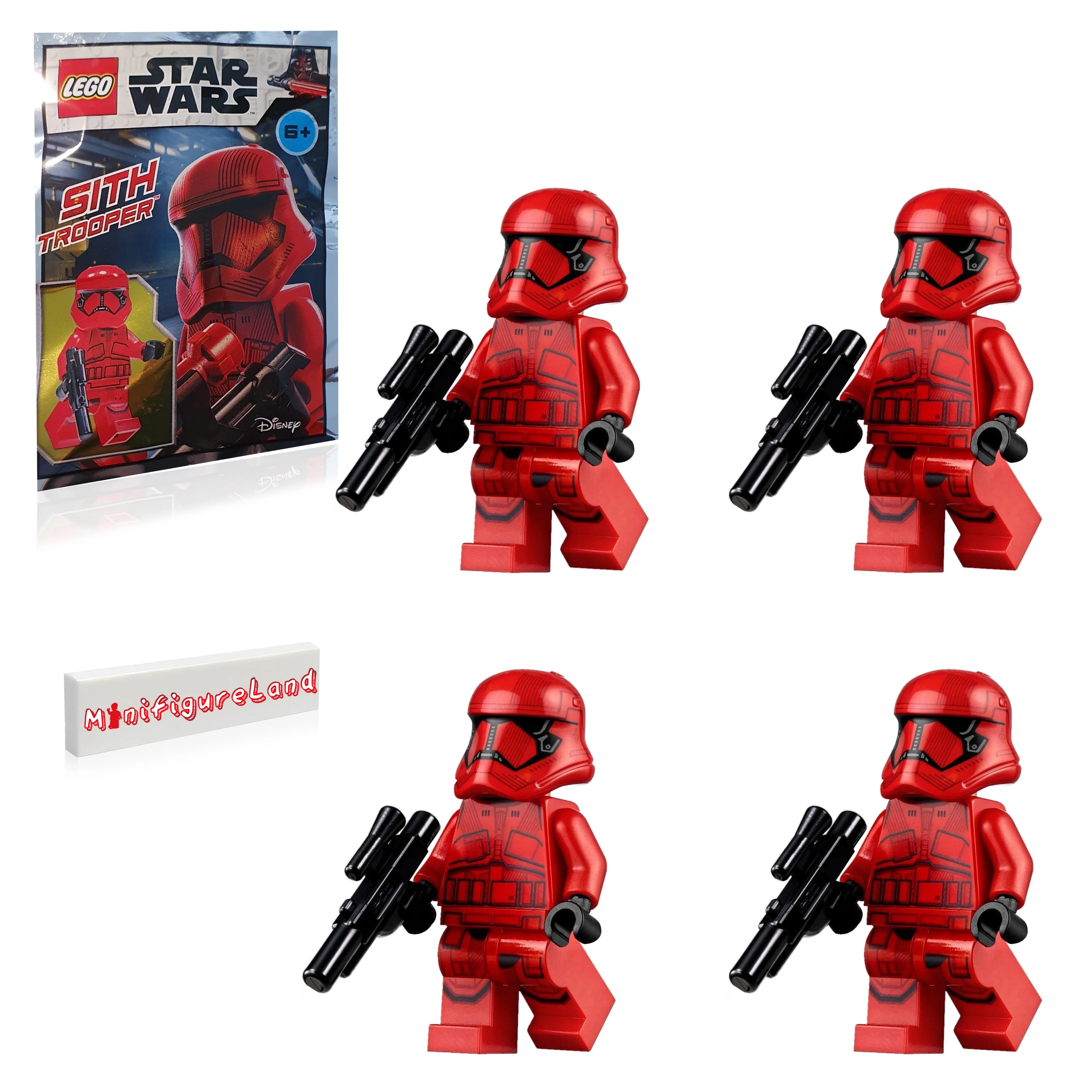 LEGO Star Wars Episode 9 The Rise of Skywalker Minifigure – Red Sith Trooper (with Blaster) and Minifigureland Tile – 4 Pack