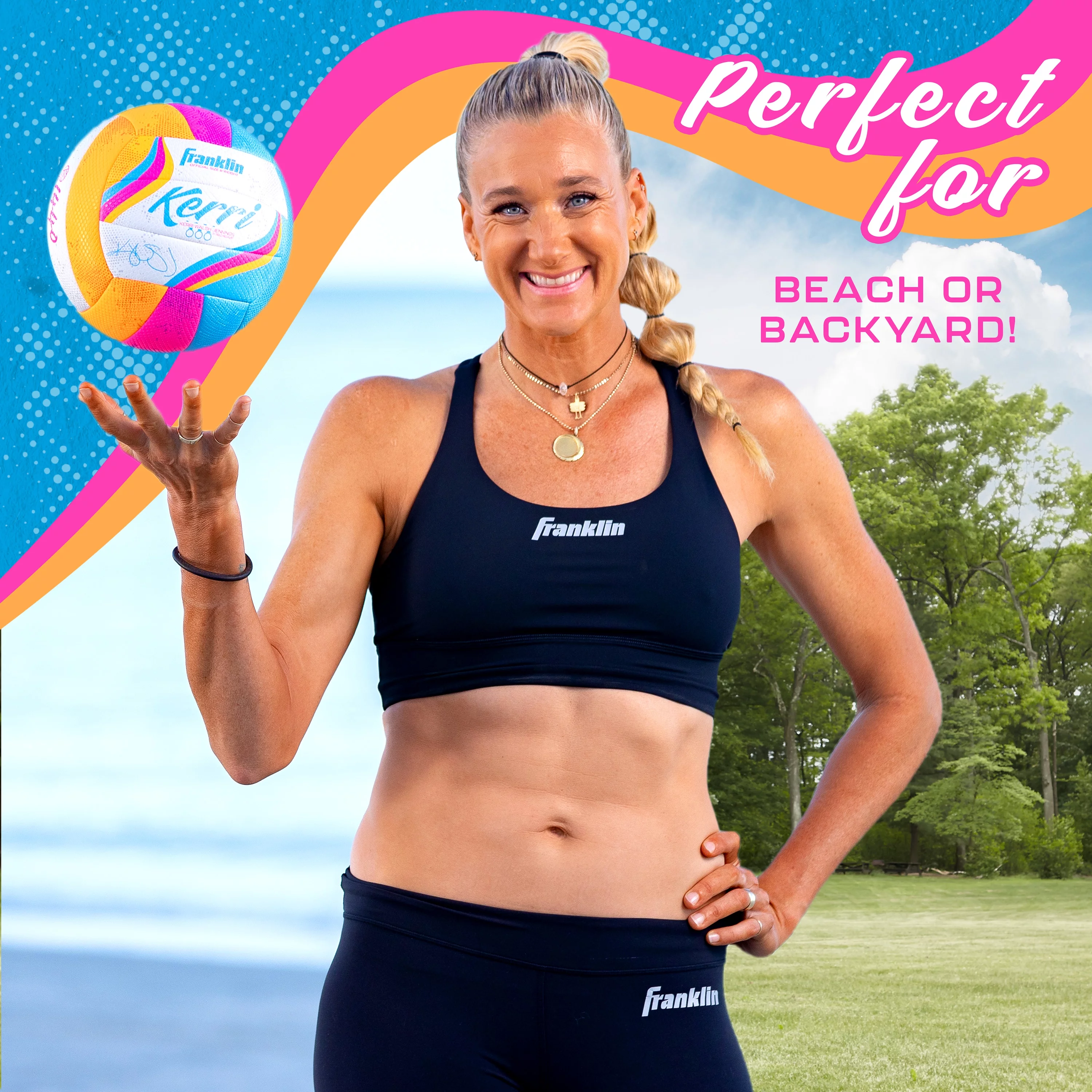 Franklin Sports Kerri Walsh Beach, Soft Cover Outdoor Volleyball for Kids and Adults with Pump and Needle Included