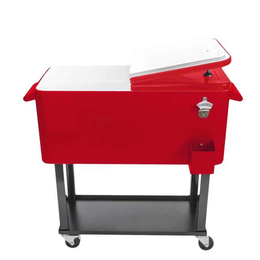 BaytoCare 80QT Rolling Party Iron Spray Cooler Cart Ice Chest Patio Warm Shelf Red