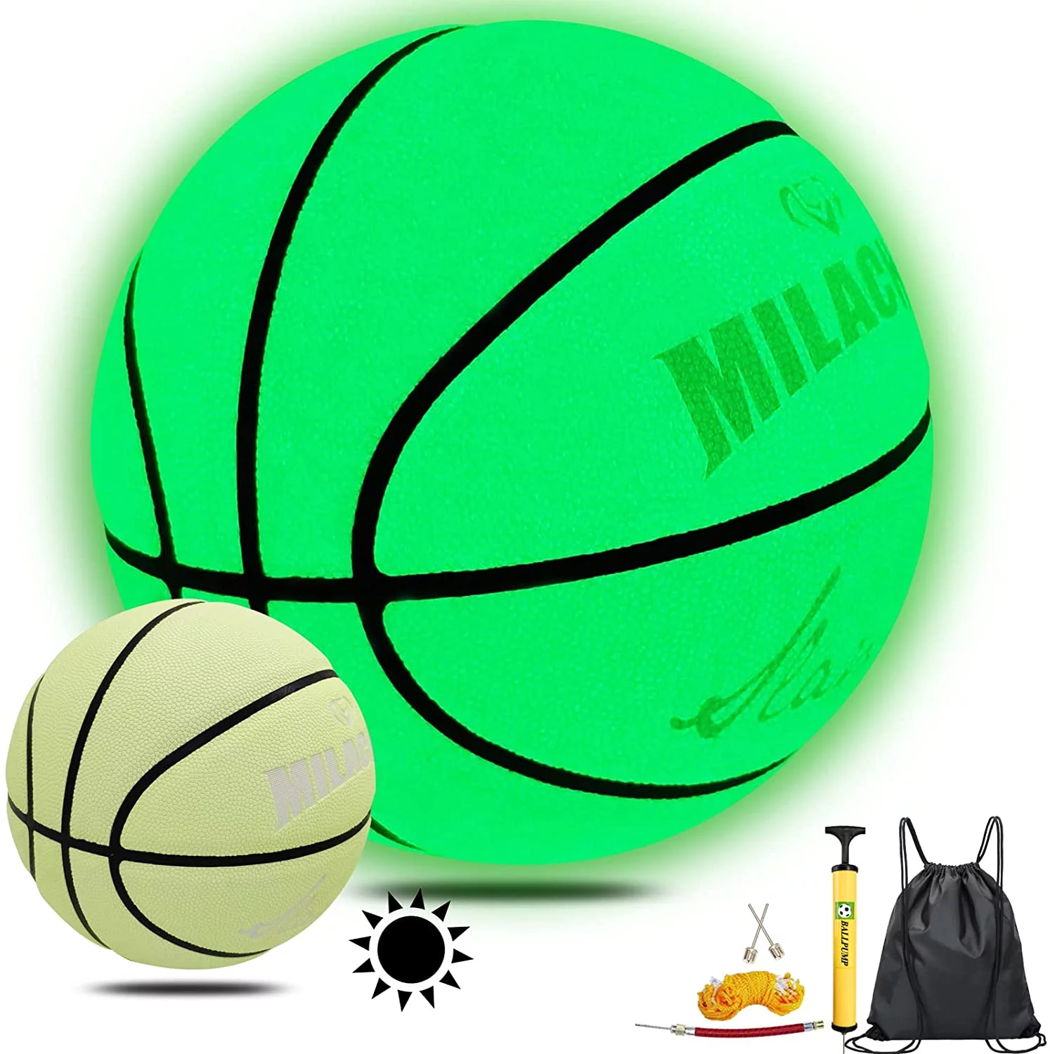 MILACHIC Basketball Glow in The Dark, Glowing Leather Basketball, Green Light up Basketball Gift for Boys, Girls, Men, Women Indoor-Outdoor Night Basketball (Size 5 / 6 / 7)