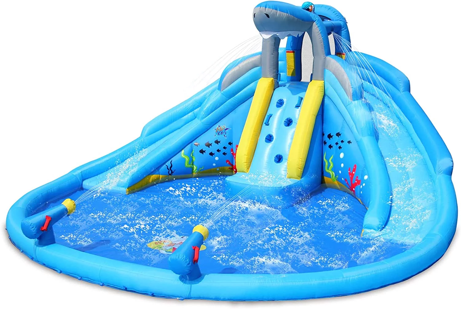 ACTION AIR Inflatable Water Slide, Double Waterslides Shark Theme Water Park for Wet and Dry