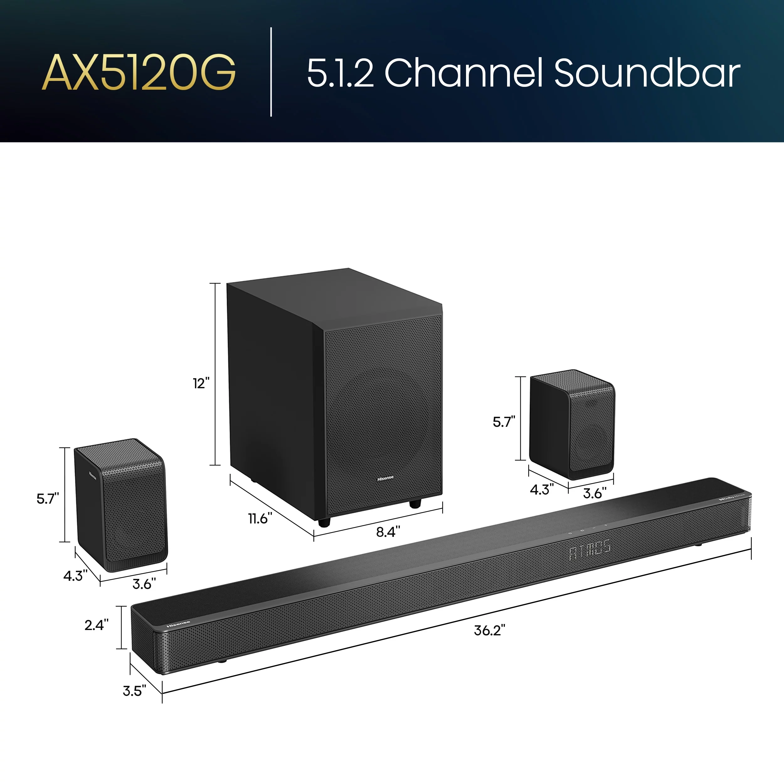 Hisense AX Series 5.1.2 Ch 420W Soundbar with Wireless Subwoofer, Wireless Rear Speakers, and Dolby Atmos (AX5120G, 2023 Model)