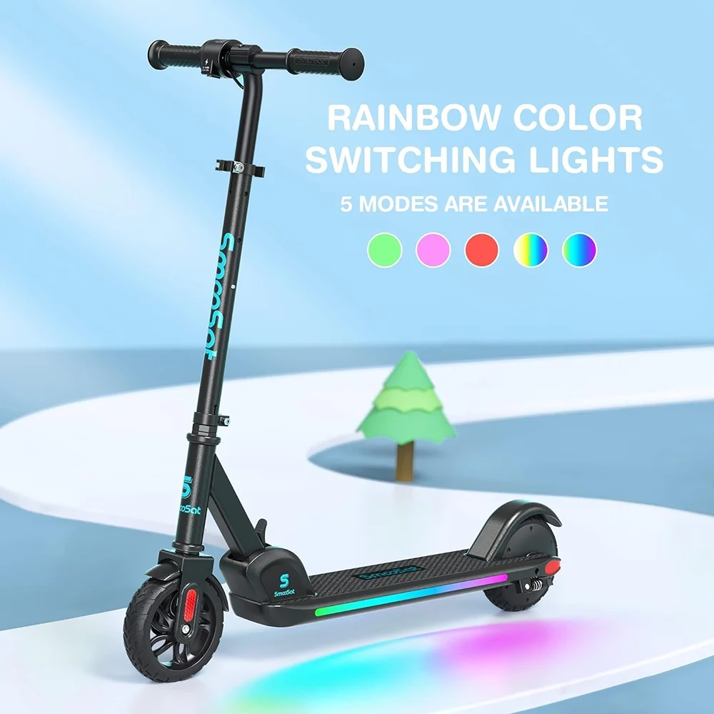 Electric Scooter for Kids, Foldable Scooter with Colourful Rainbow Light and LED Display, Adjustable Speed and Height, Black