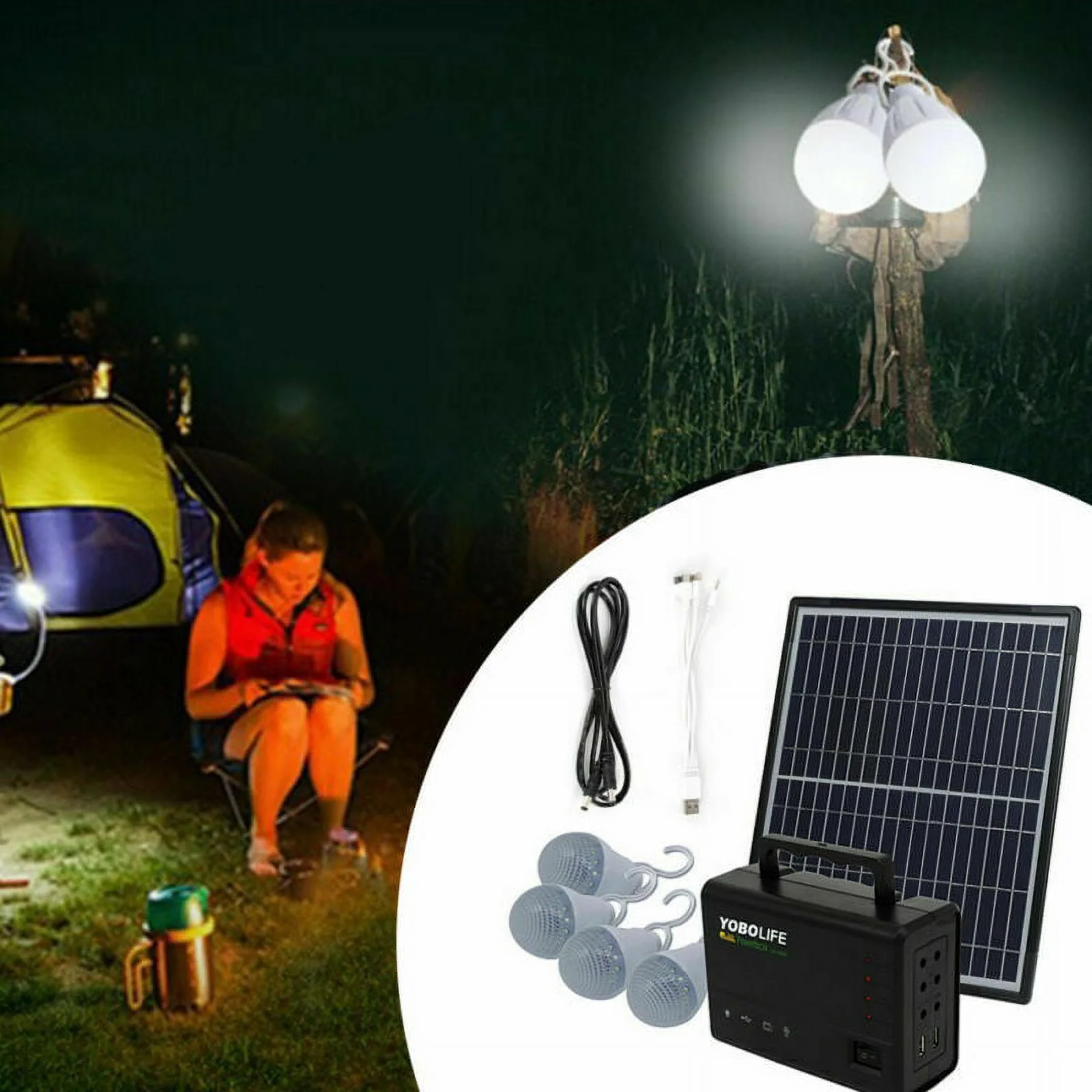 Portable Solar Panel Power Generator Kit Battery Pack Power Station + 4 Bulb