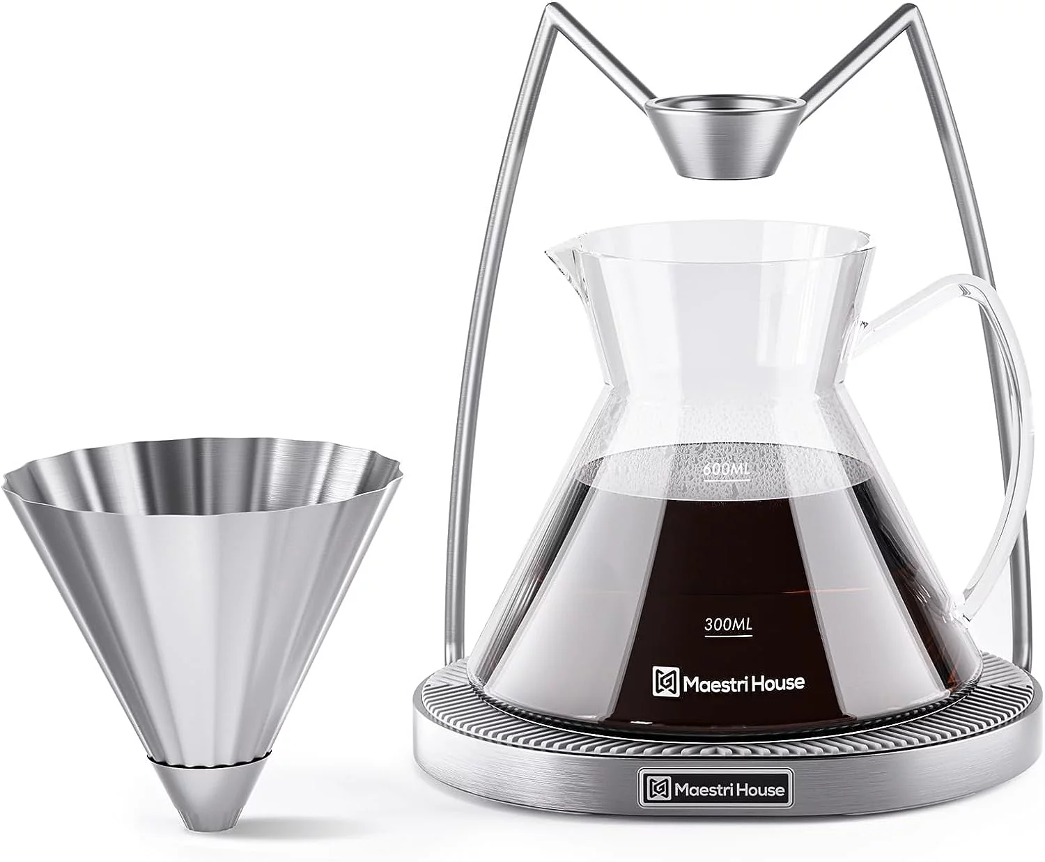 Pour Over Coffee Maker, Magnetic Coffee Dripper and 600ML Carafe Coffee Server, Drip Coffee Maker with Metal Base, Dishwasher Safe for Home or Office