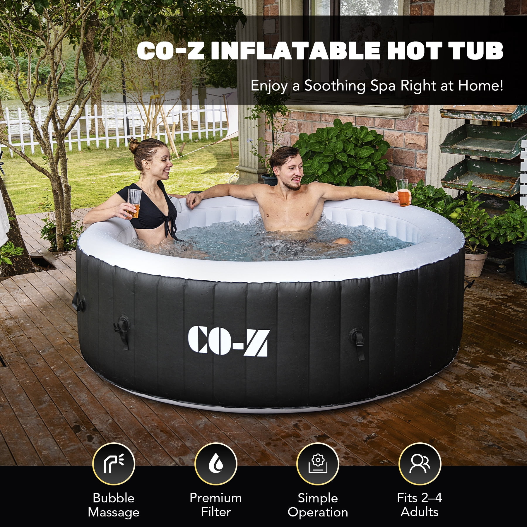 CO-Z 4 Person 6ft Inflatable Hot Tub Pool with Massage Jets and All Accessories Black