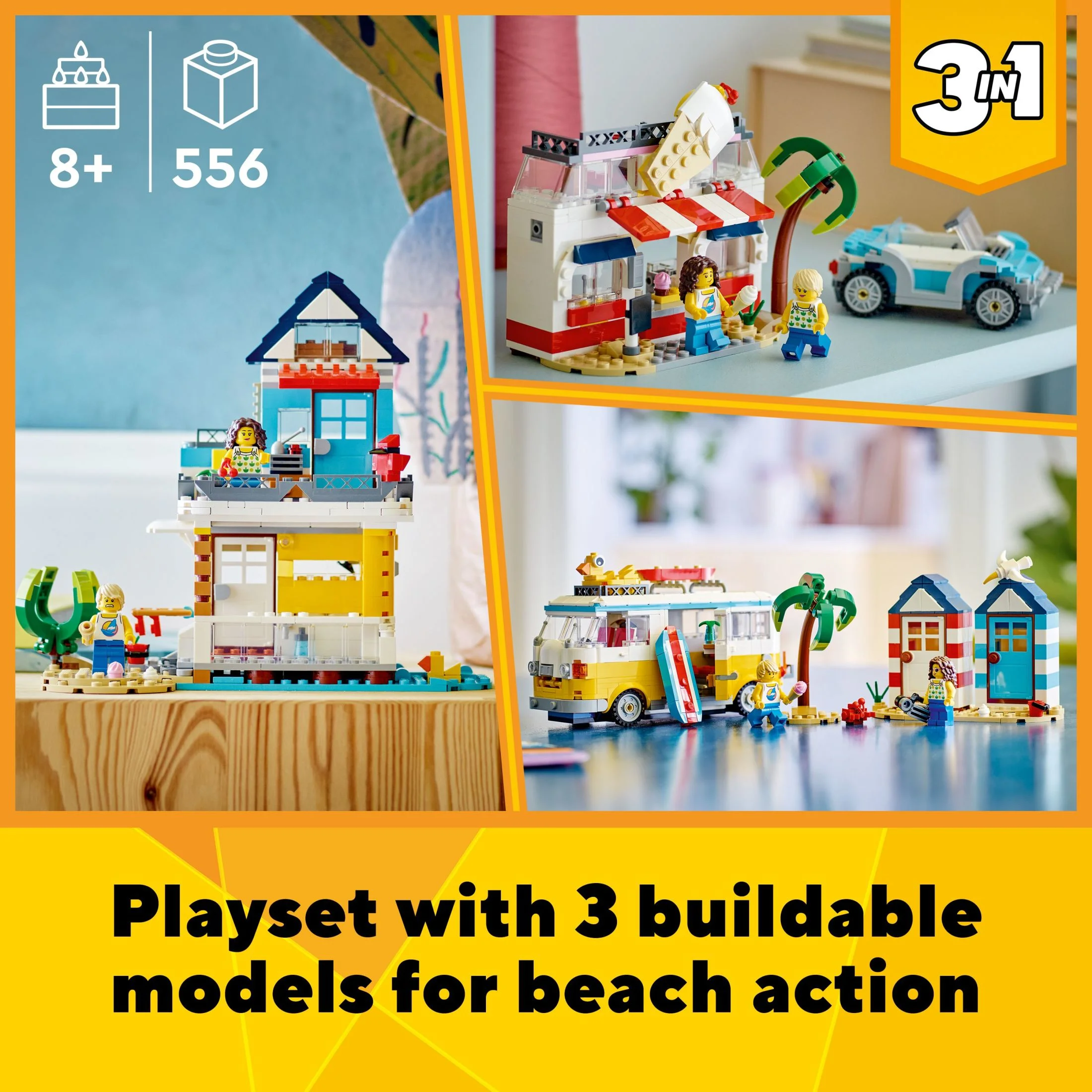 LEGO Creator 3 in 1 Beach Camper Van Building Kit, Transforms from a Campervan to Ice Cream Shop to Beach House, Great Gift for Surfer Boys and Girls, Pretend Play Beach Life, 31138