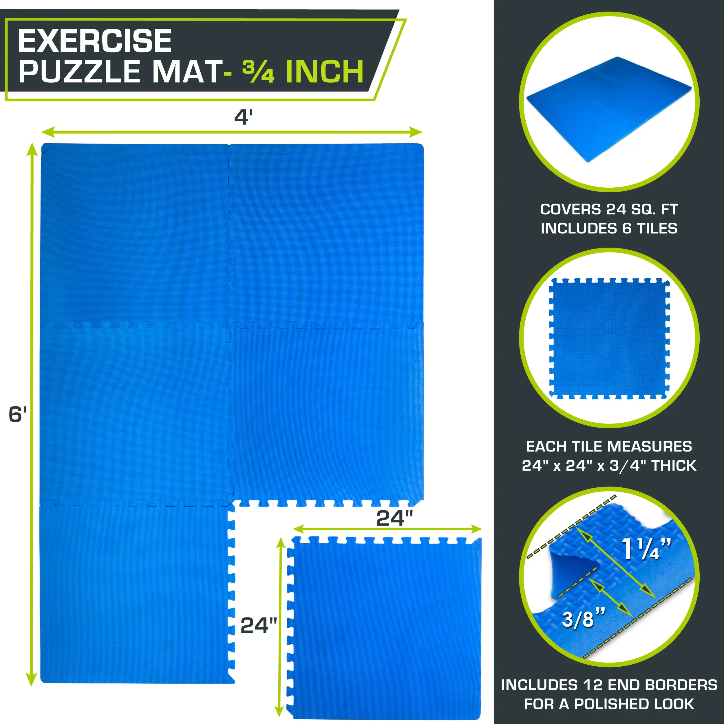 ProsourceFit Exercise Puzzle Mat 3/4-in, Blue, 24 Sq Ft – 6 Tiles