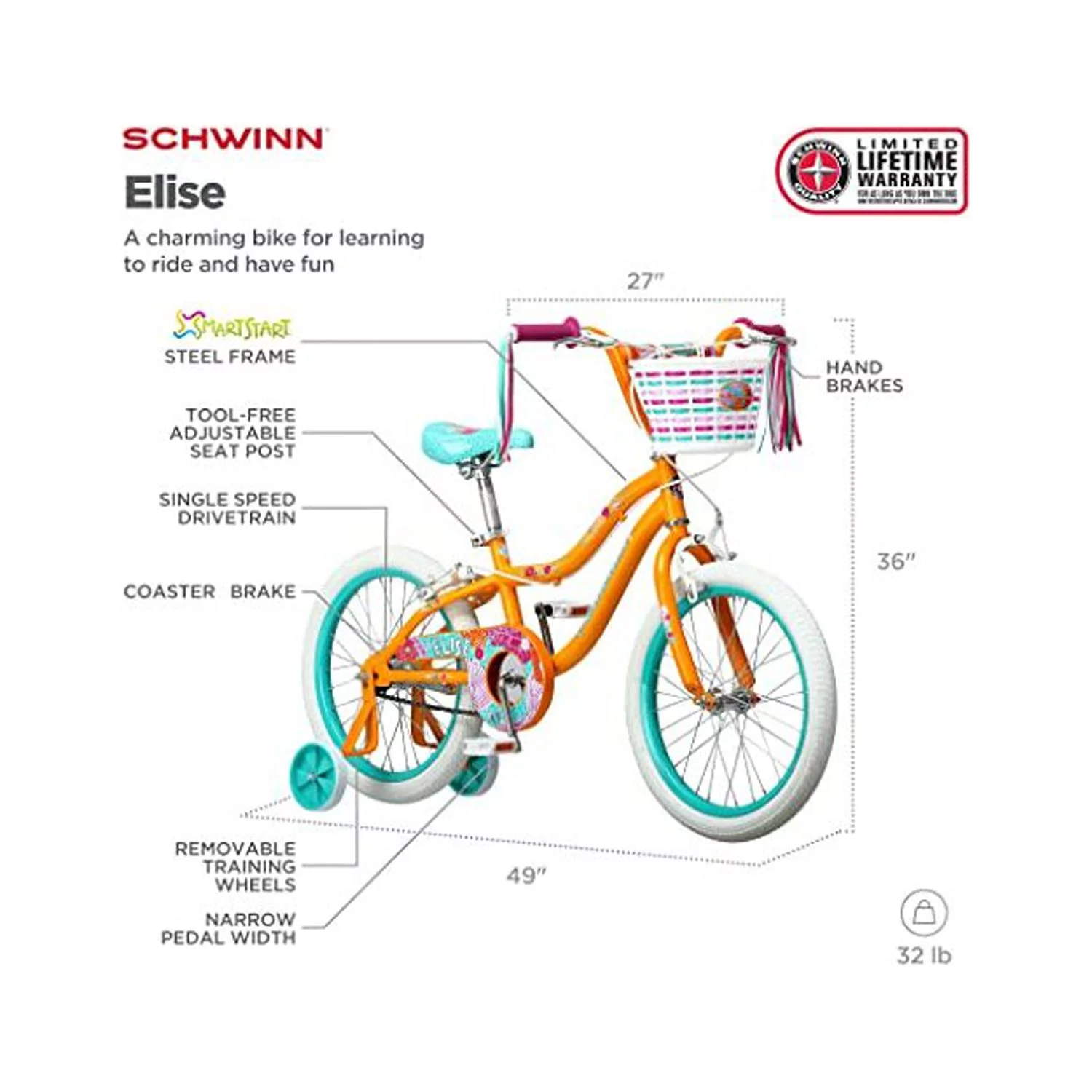 Schwinn S0809 18 in. Girls Elise Sidewalk Bicycle, Yellow