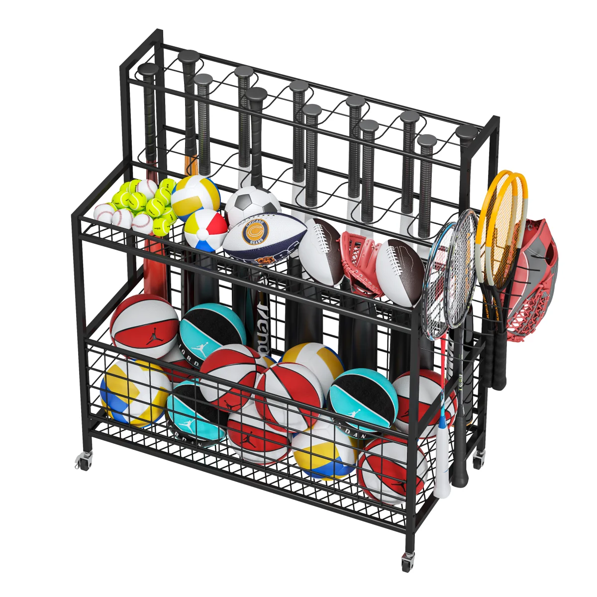 Werseon Garage Basketball Rack, Ball Storage Stand, 4 Tier Rolling Balls Organizer with Holder & Hooks, 41 x 15 x 46 Inch