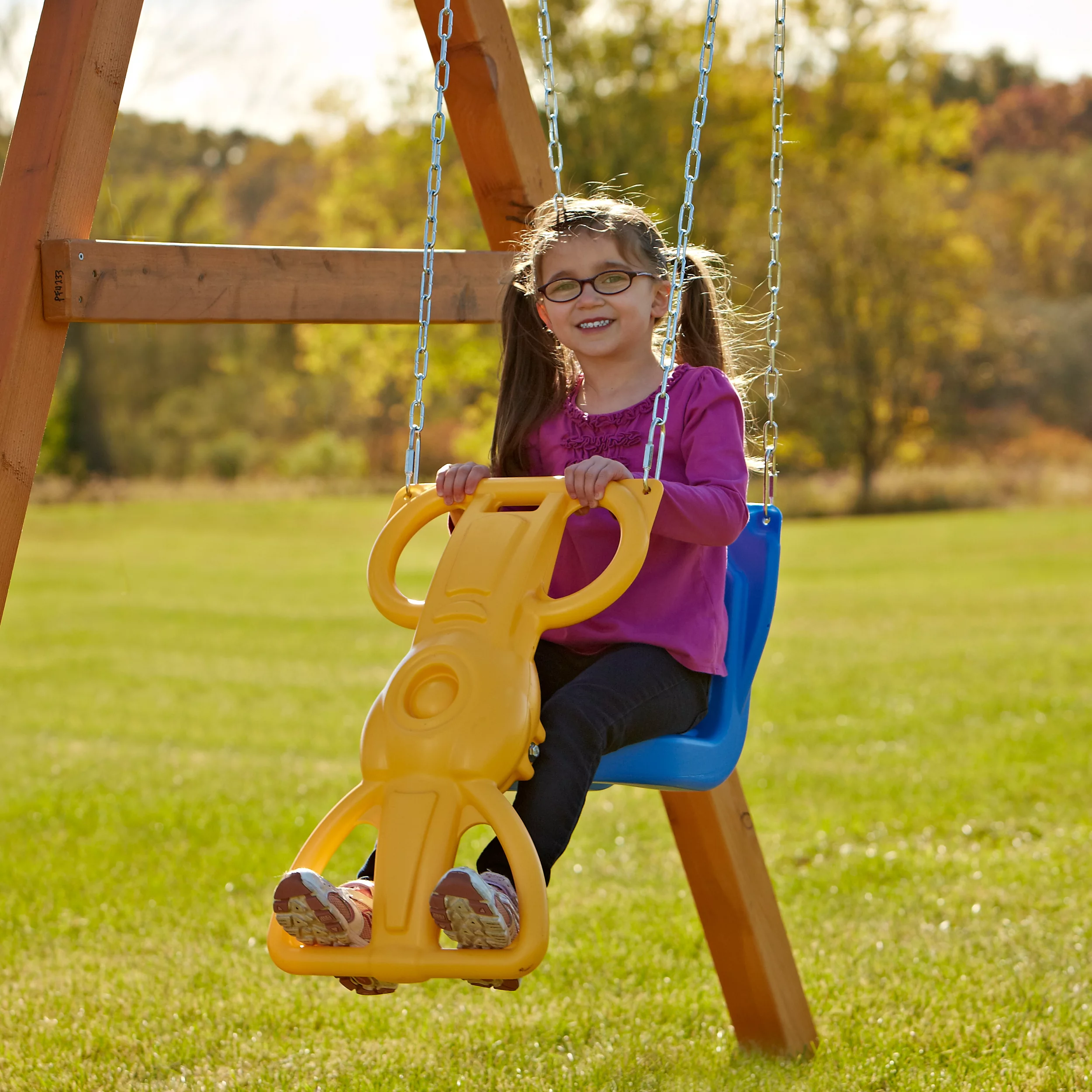 Swing-N-Slide Wind Rider Glider Swing with Chains for Backyard, Blue and Yellow