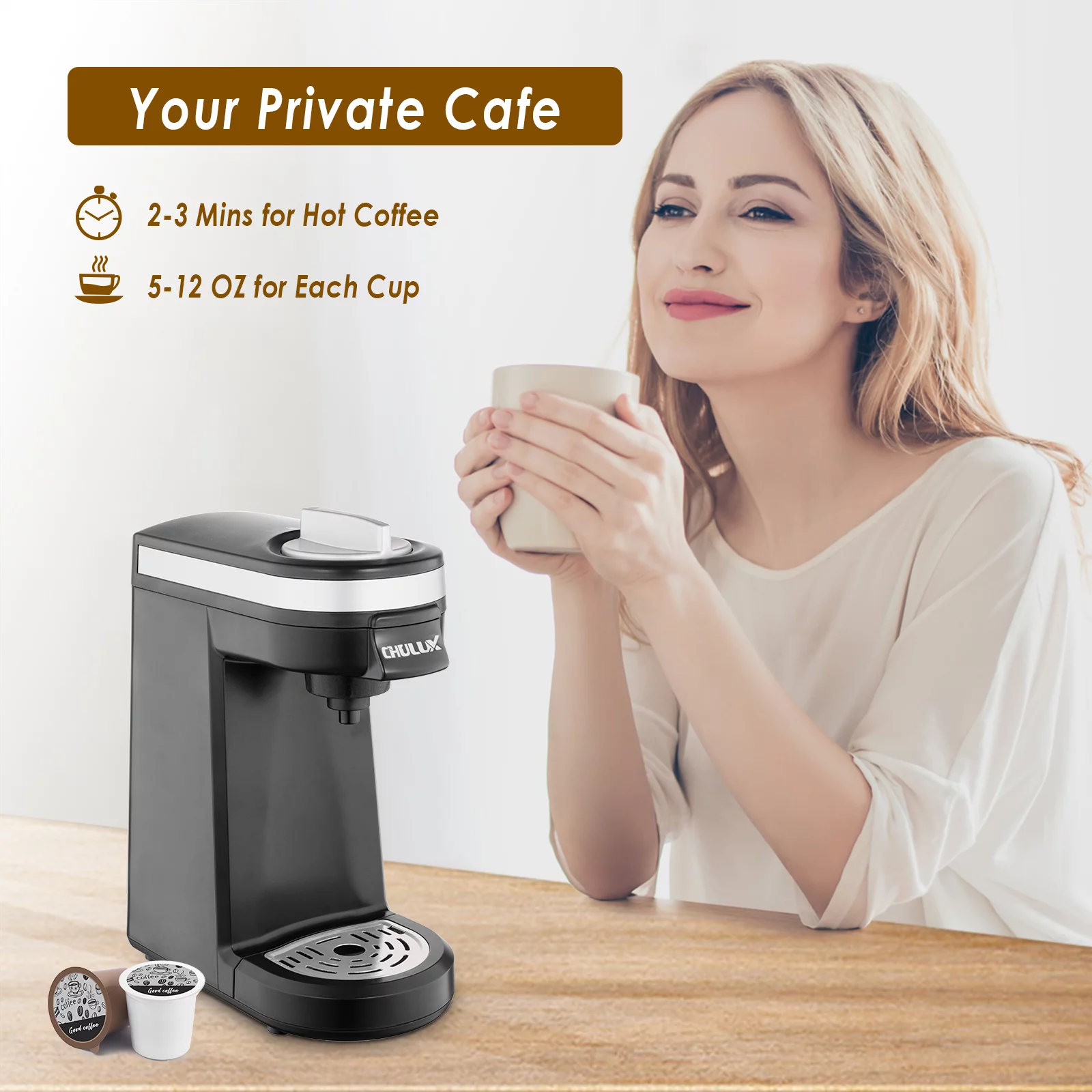 CHULUX Small Coffee Maker Single Serve, Travel One Cup Pod Coffee Maker for K Cup & Ground Coffee, Fast Brewing System, New