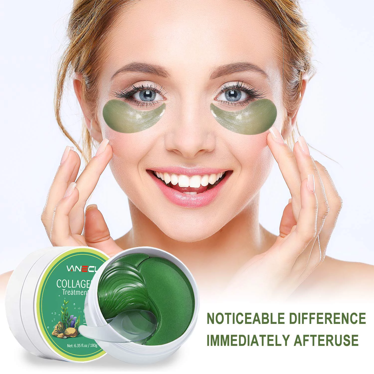 Vanelc Under Eye Patches, 30 Pairs Green Seaweed Under Eye Mask Anti-Aging Hyaluronic Acid Collagen Under Eye Pads Reducing Dark Circles & Wrinkles Treatment Gel Bags