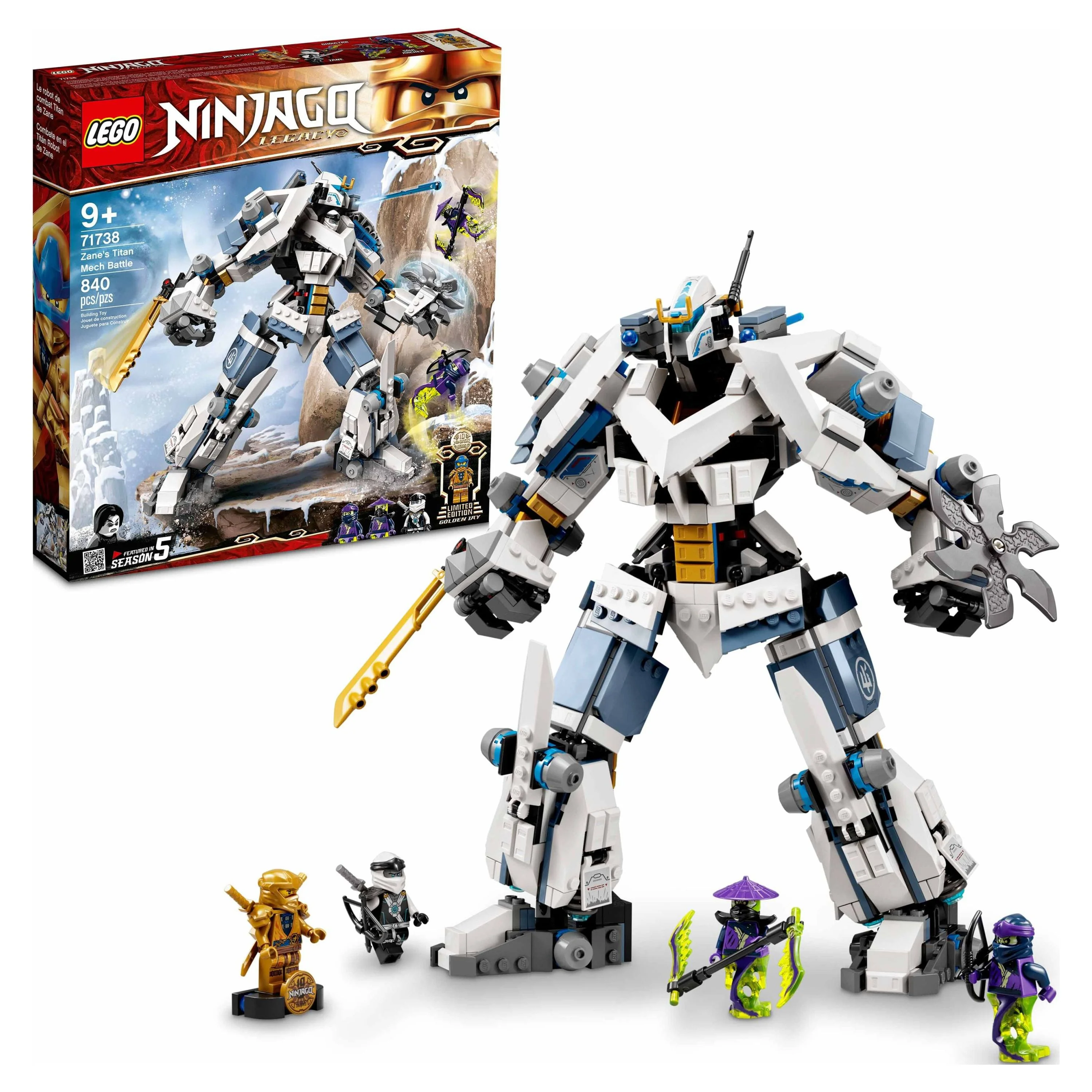 LEGO NINJAGO Legacy Zane’s Titan Mech Battle, 71738 Action Figure Ninja Toy with Golden Jay Minifigure and Ghost Warriors, Gifts for Kids, Boys & Girls