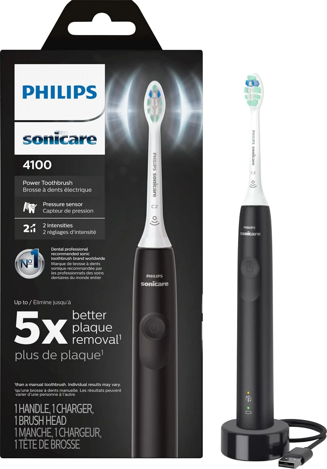 Philips Sonicare Electric Toothbrush Clean 4100 Rechargeable Tooth Brush with Pressure Sensor, Sonic Electronic Toothbrush, Black + Tigology Accessories