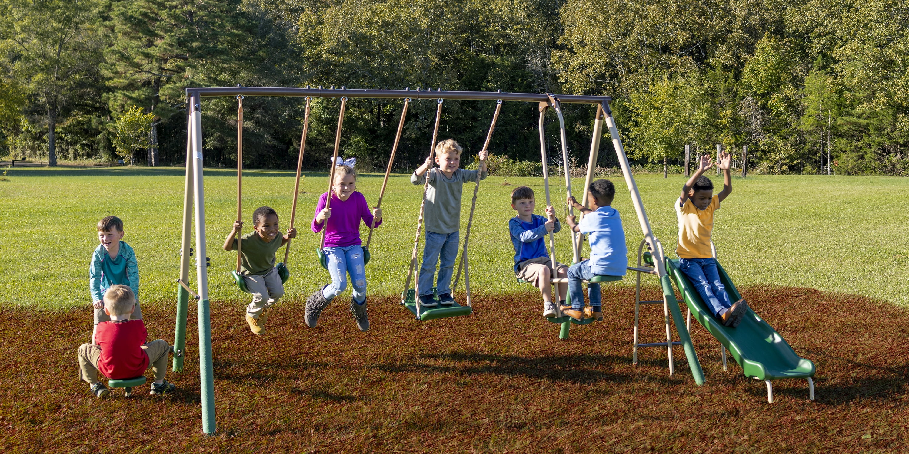 Crestview Swing Set by XDP Recreation with 2 Swing Seats, Stand R Swing, Wave Slide, Fun Glider, & See Saw