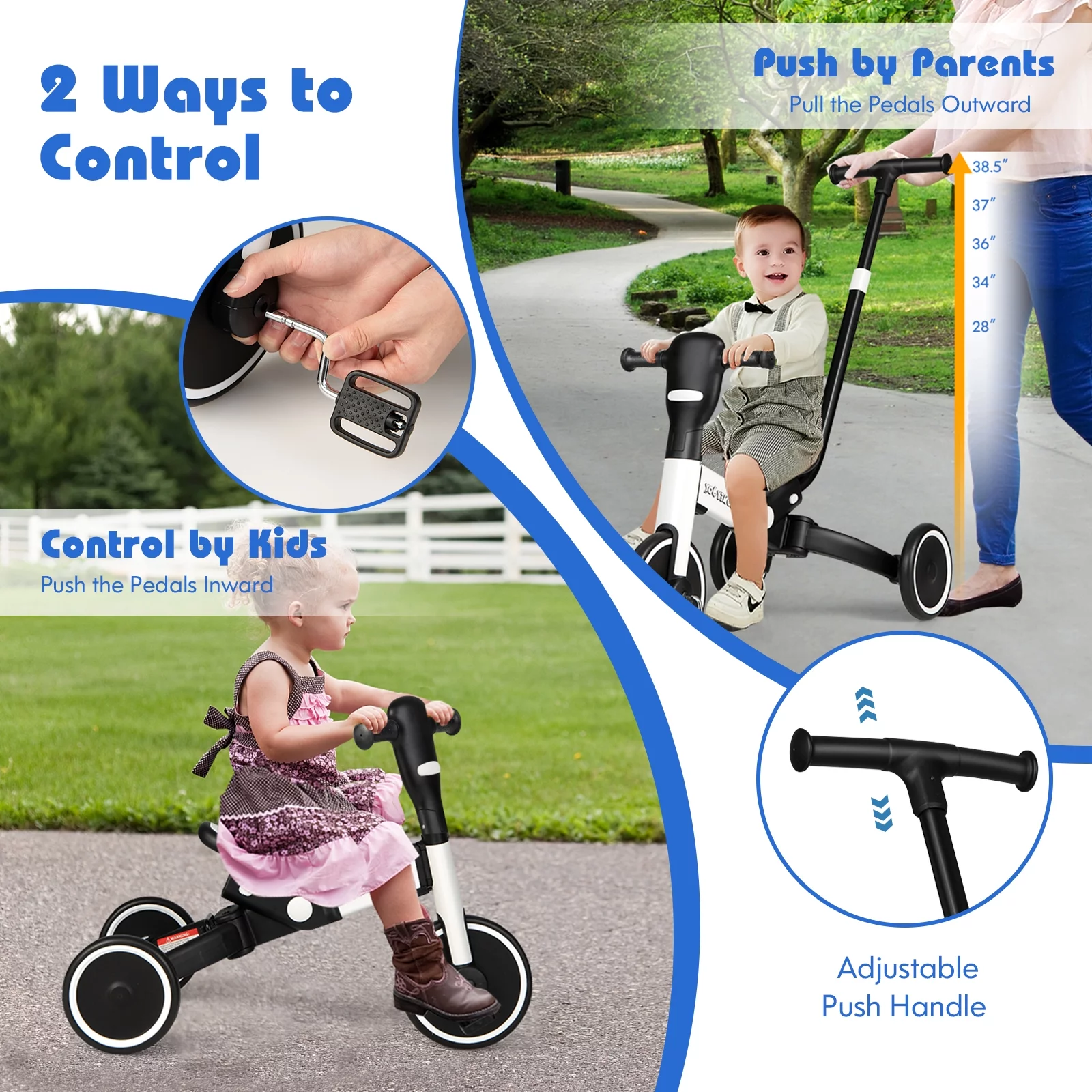 Infans 4-in-1 Kids Tricycle Foldable Toddler Balance Bike with Parent Push Handle White