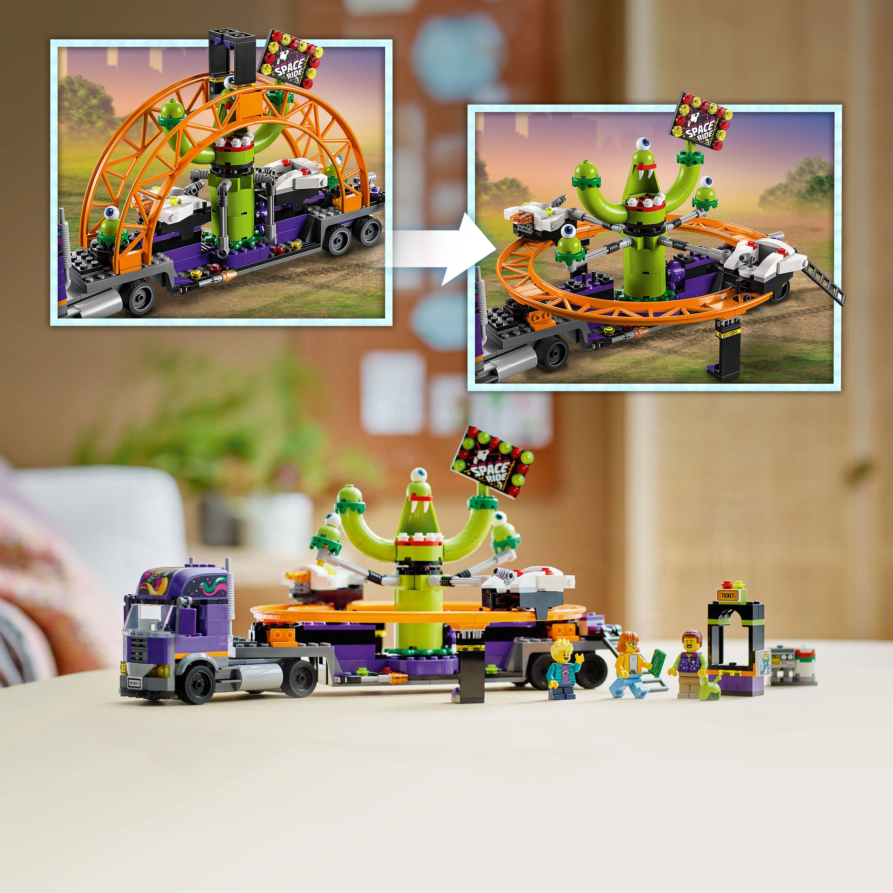 LEGO City Space Ride Amusement Truck Toy, 60813 Gift Idea for Kids 6 Plus Years Old with Trailer, Alien Roller Coaster and 3 Fairground Minifigures