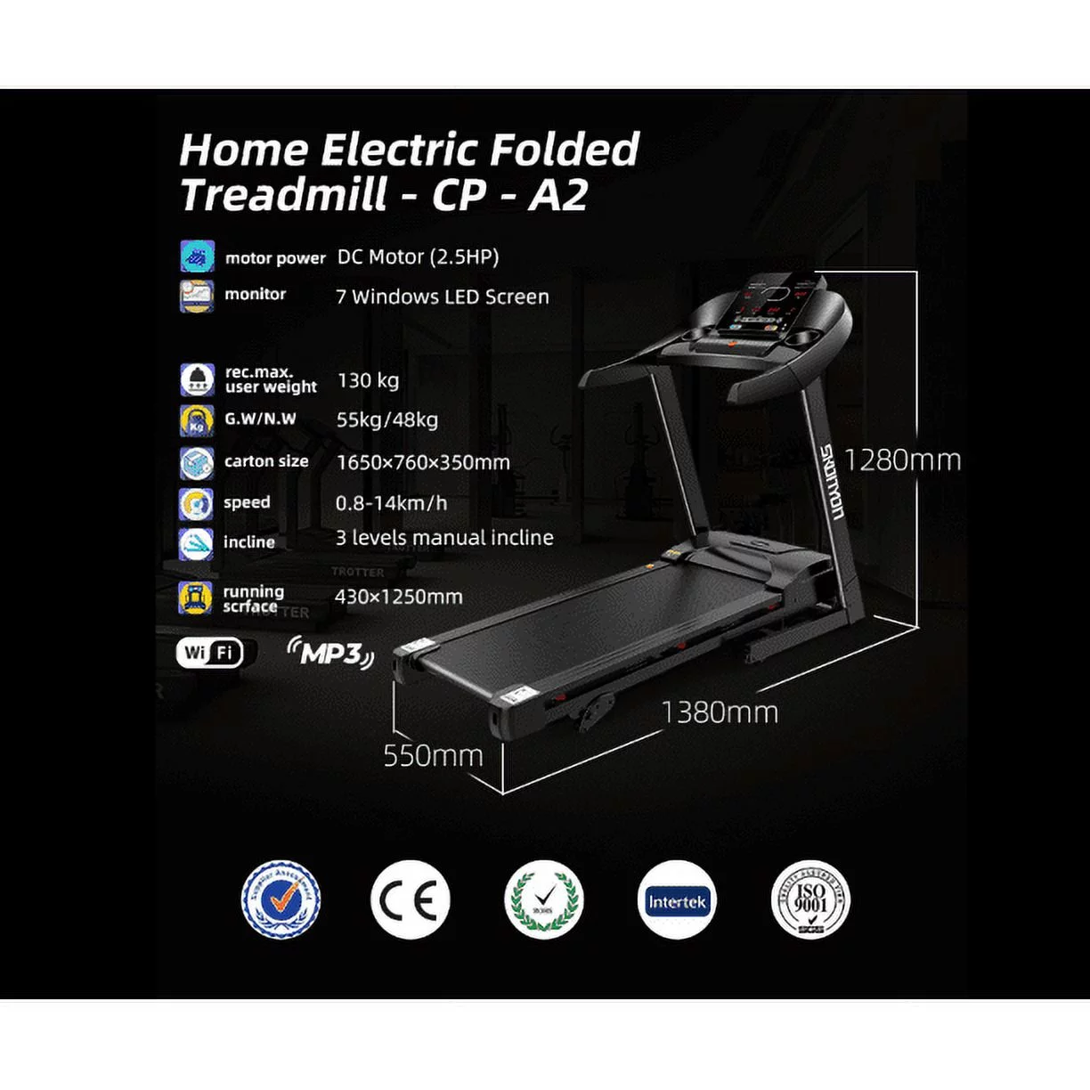 2.5HP Folding Electric Treadmill, 280 LBS Weight Capacity Walking Jogging Running Exercise Machine for Home Office