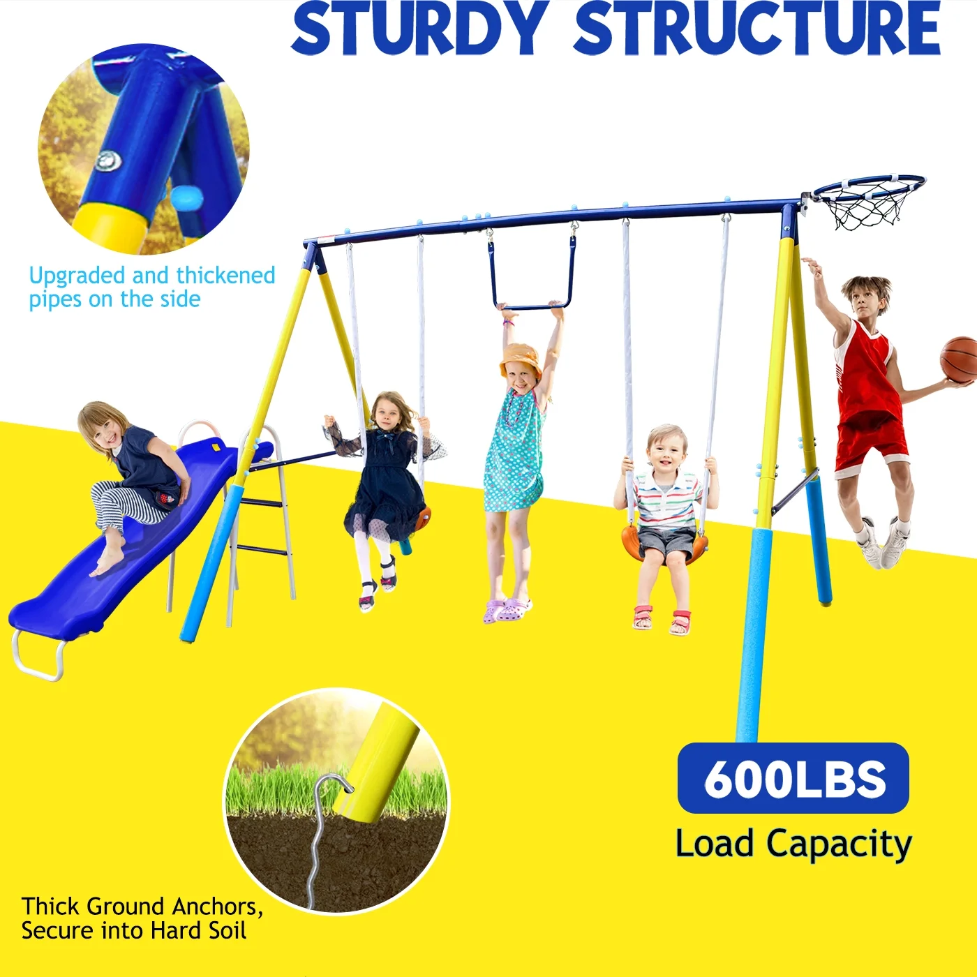 Swing Sets for Backyard with Slide, Basketball Hoop, Two Swing Seats and Gymnastics Rings, Playground Set for Kids Outdoor