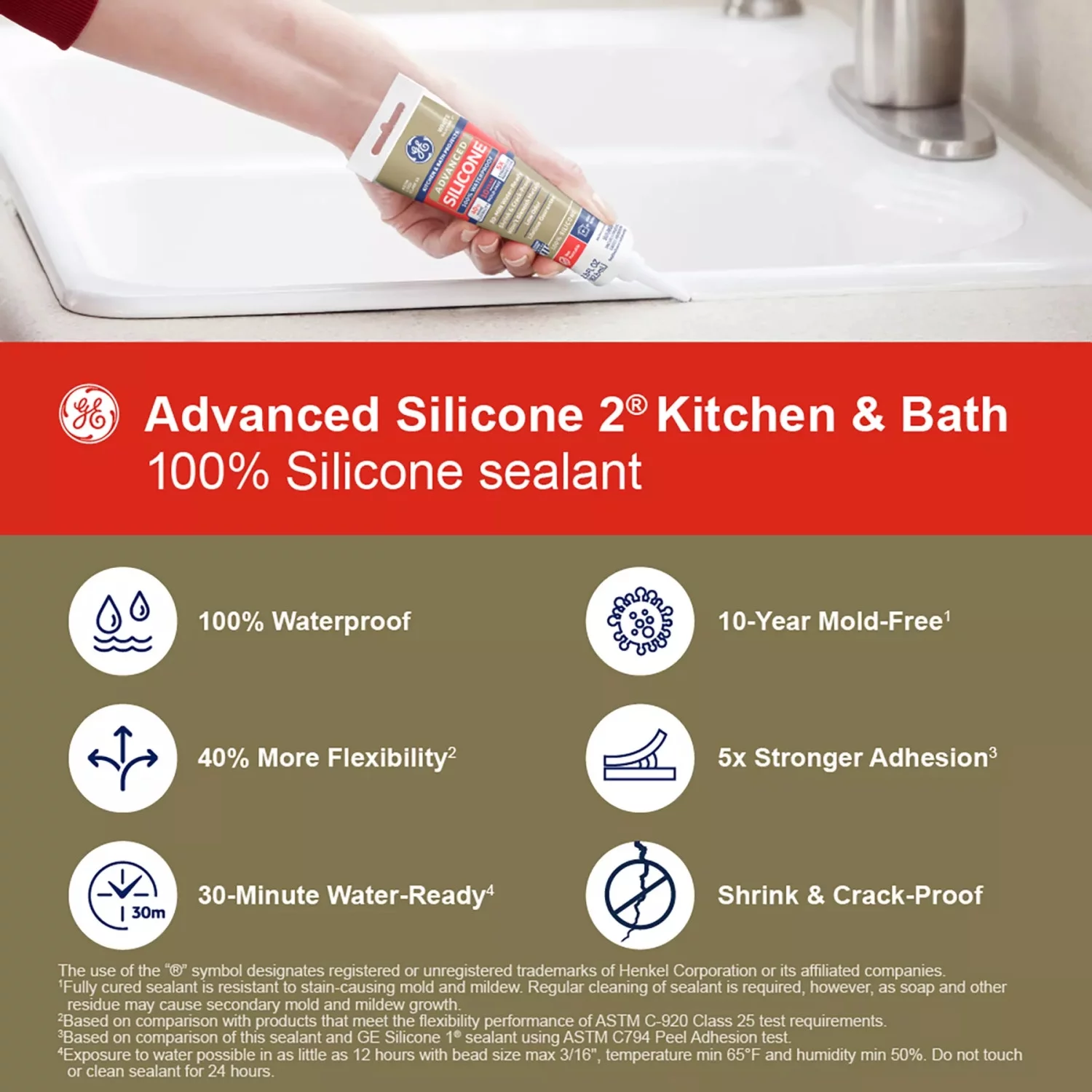 GE Advanced Silicone Kitchen & Bath Sealant, Pack of 1, White 2.8 fl oz Tube