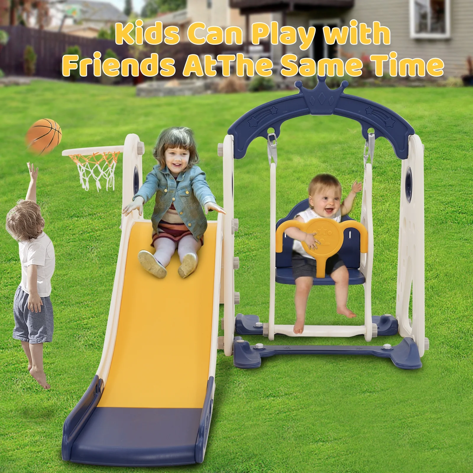 Toddler Slide and Swing Set 4 in 1 Baby Slide Climber Playset with Swing Slide Basketball Kids Slide and Swing Set Indoor Outdoor Backyard Toys for Toddlers Boy Girl