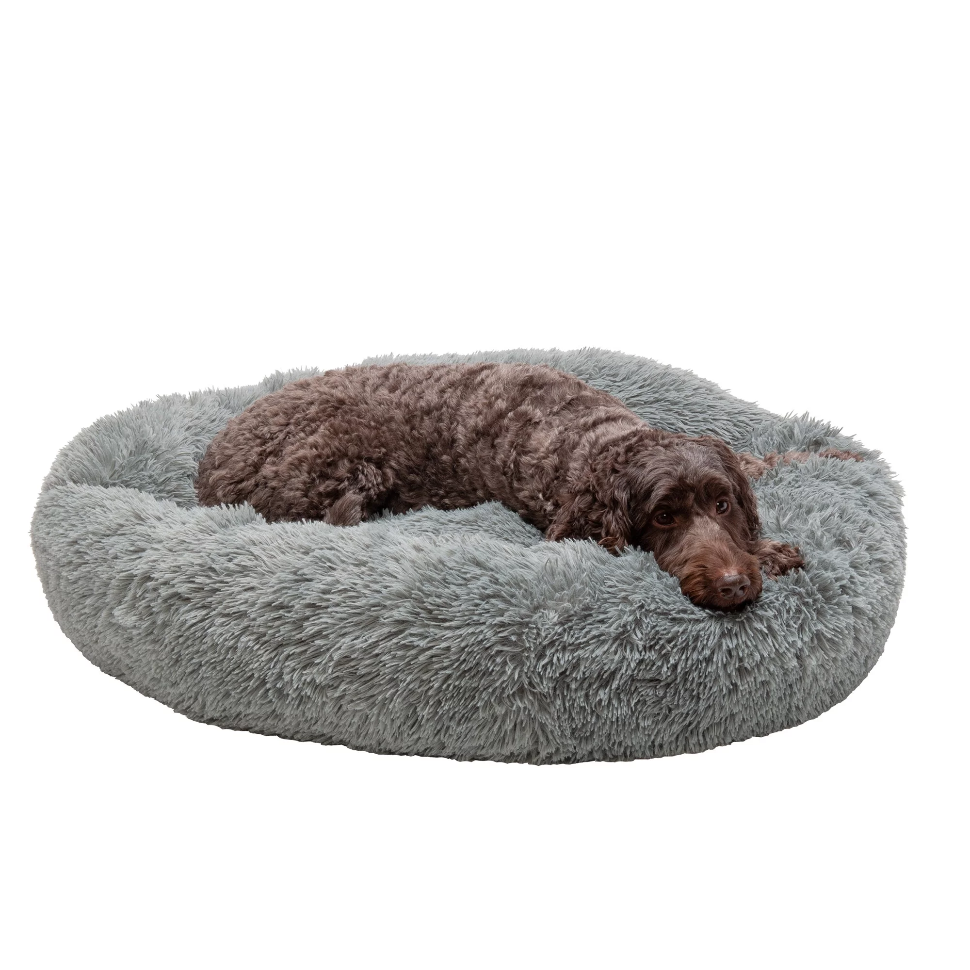 FurHaven Pet Products Calming Cuddler Long Faux Fur Donut Pet Bed for Dogs & Cats – Mist Gray, Small – 23″