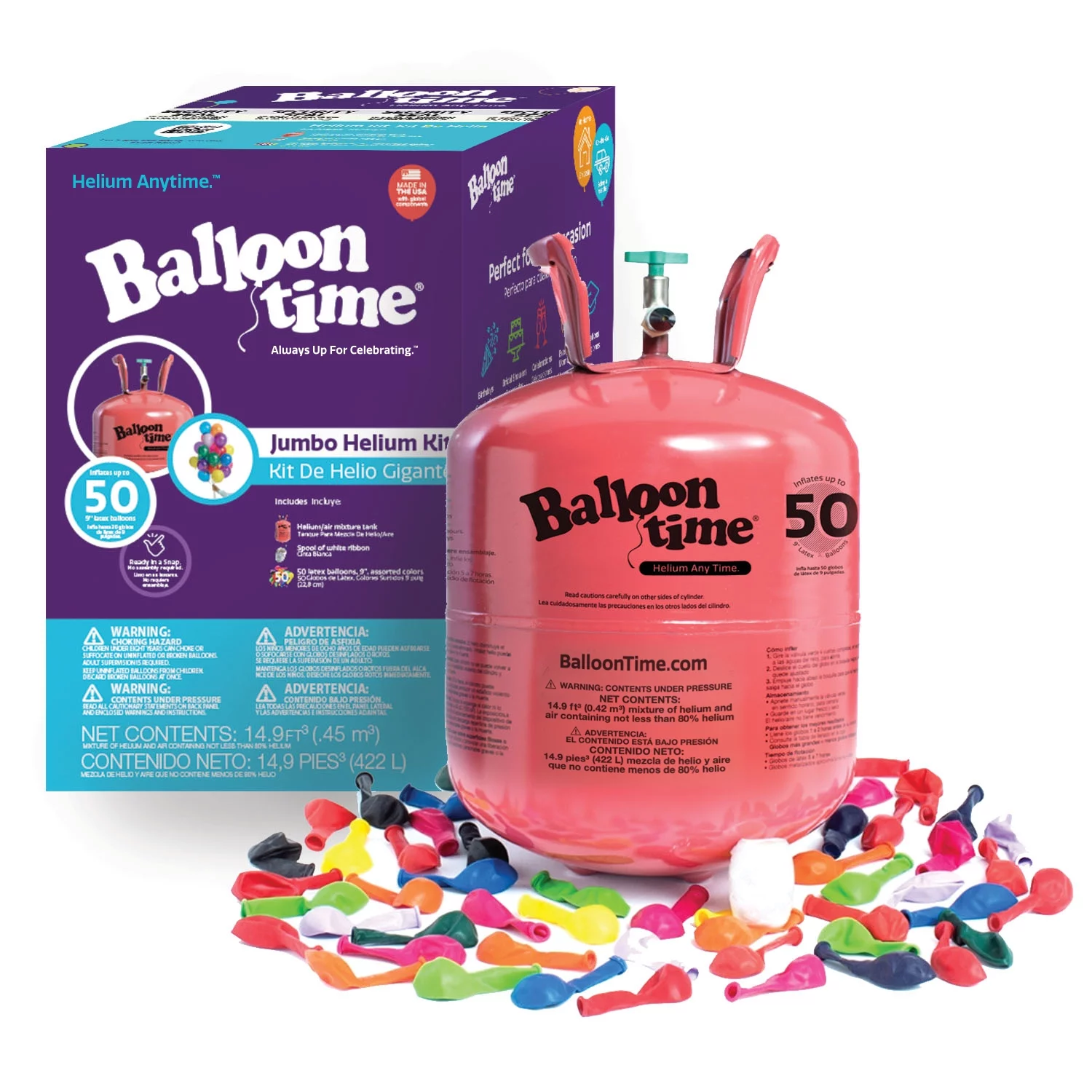 Balloon Time 12in Jumbo Helium Tank Kit with Colorful Latex Balloons