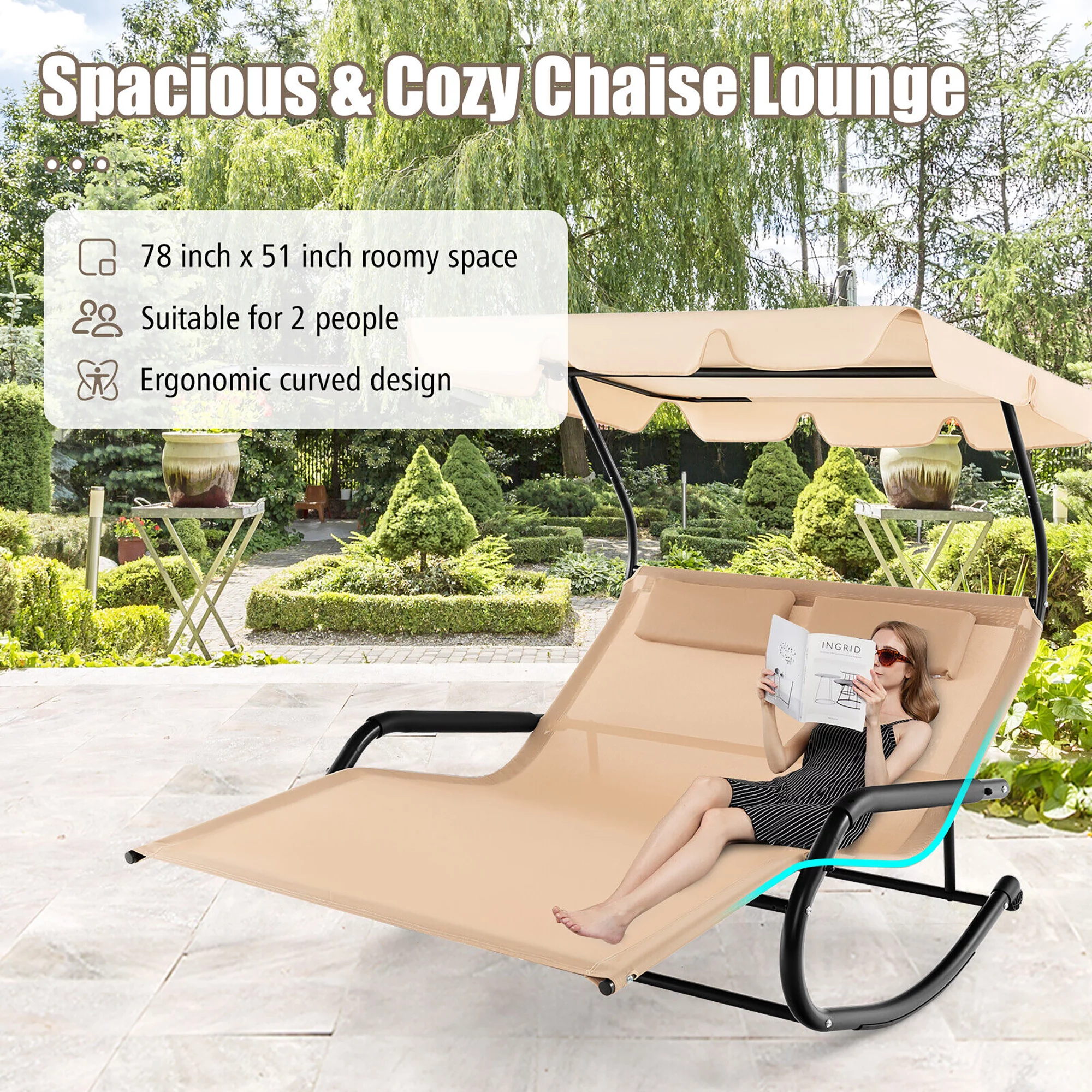 Gymax Outdoor 2-Person Double Rocking Chaise Lounge w/ Canopy & Wheels Metal Frame