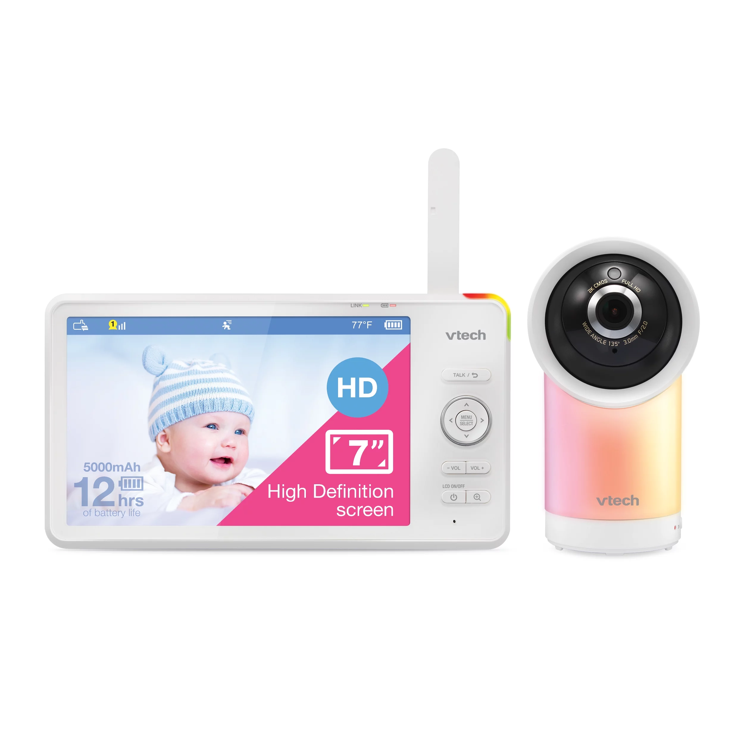 VTech 1080p Smart WiFi Remote Access 360-Degree Pan and Tilt Video Baby Monitor with 7-Inch High-Definition 720p Display and Night Light, RM7866HD, White