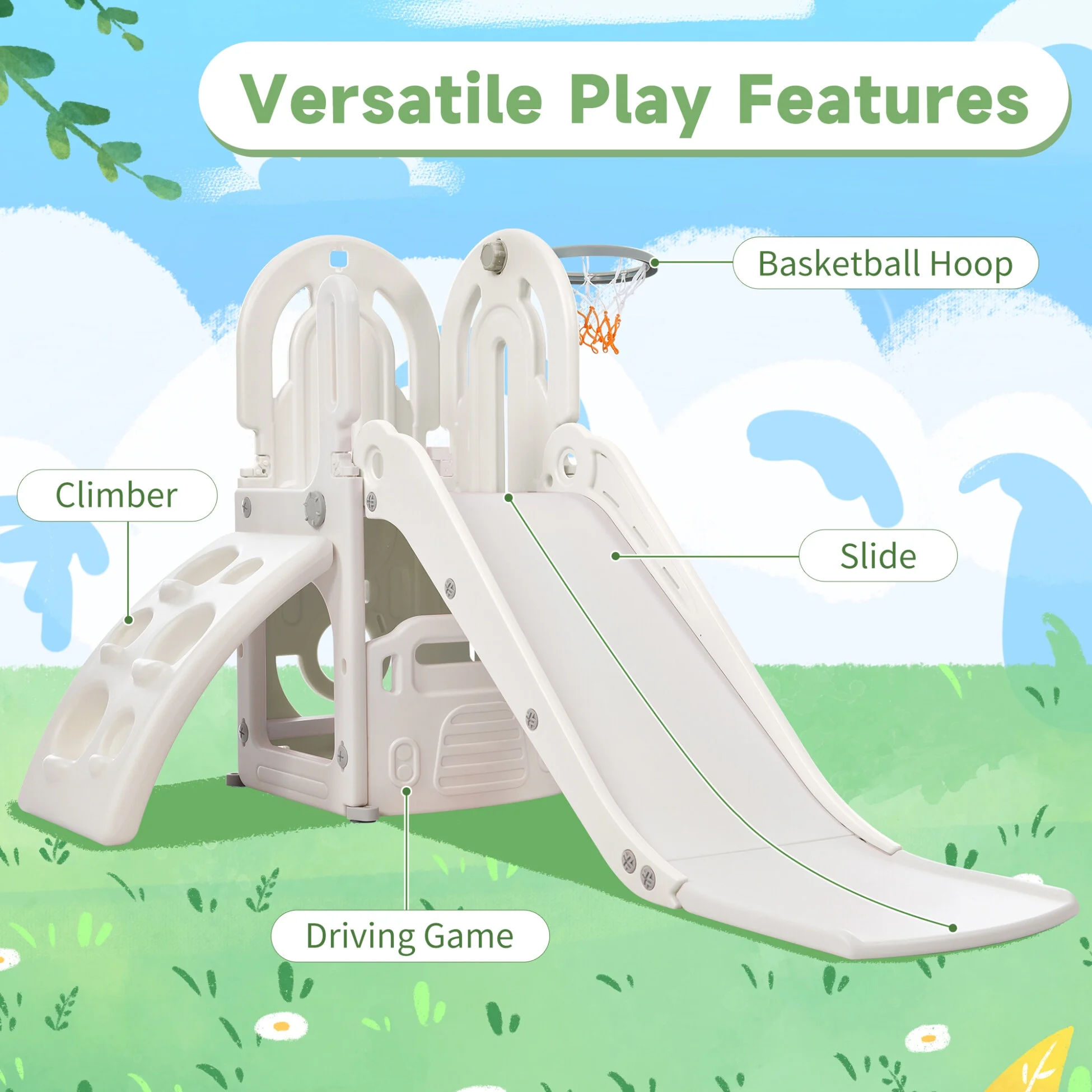 4 in 1 Toddler Slide and Climb Set, Kids Playground Climber Slide Playset with Basketball Hoop Play Freestanding Combination, Indoor & Outdoor Toys for Kids Teens Boys Girls, Gray