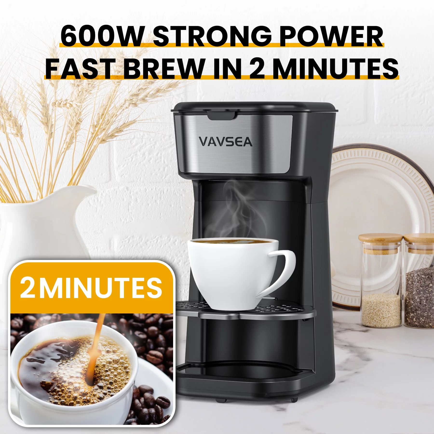 VAVSEA Single-Serve Coffee Maker Brewer with Thermal Travel Mug & Reusable Filter, 600W Coffeemaker for Ground Coffee