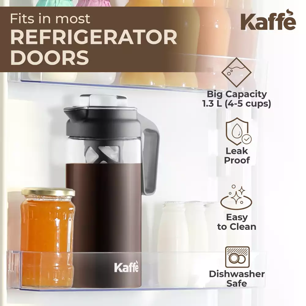 Kaffe Cold Brew Coffee Maker, 1.3L cold brew pitcher, Cold brew coffee and Tea Brewer, Easy to clean Mesh filter, iced coffee accessory, Tritan Glass cold coffee maker