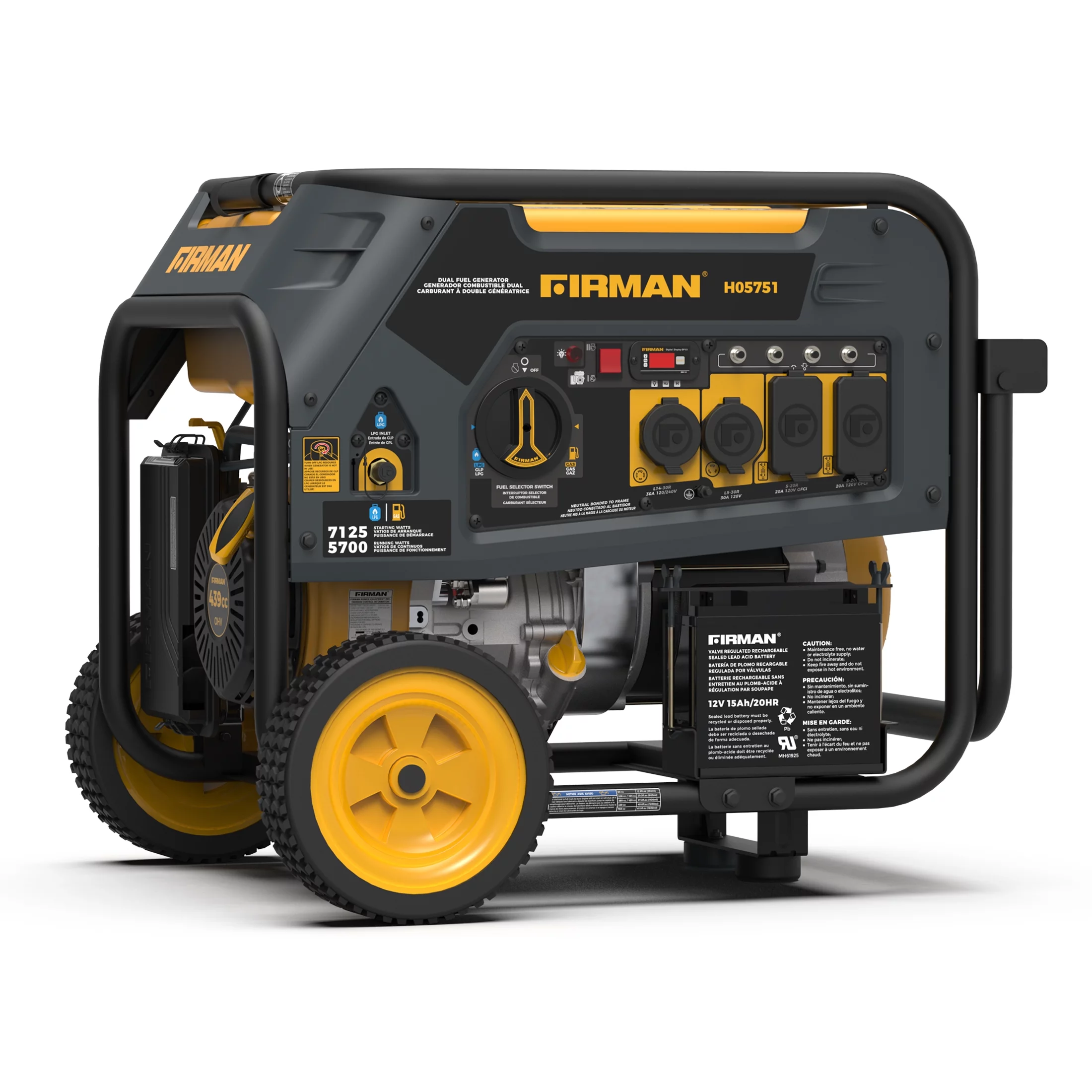 FIRMAN 4550/3650 Watt Recoil Start Gas or Propane Dual Fuel Portable Generator CARB and cETL Certified With Wheel Kit