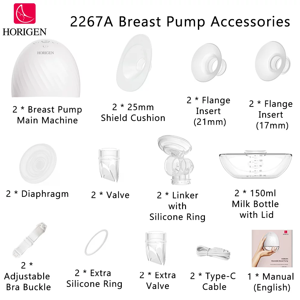 Horigen Breast Pump 2267A Double White Electric Wearable Breast Pump Lower Noise 2 Modes 5 Suction Levels Hands Free USB Rechargeable