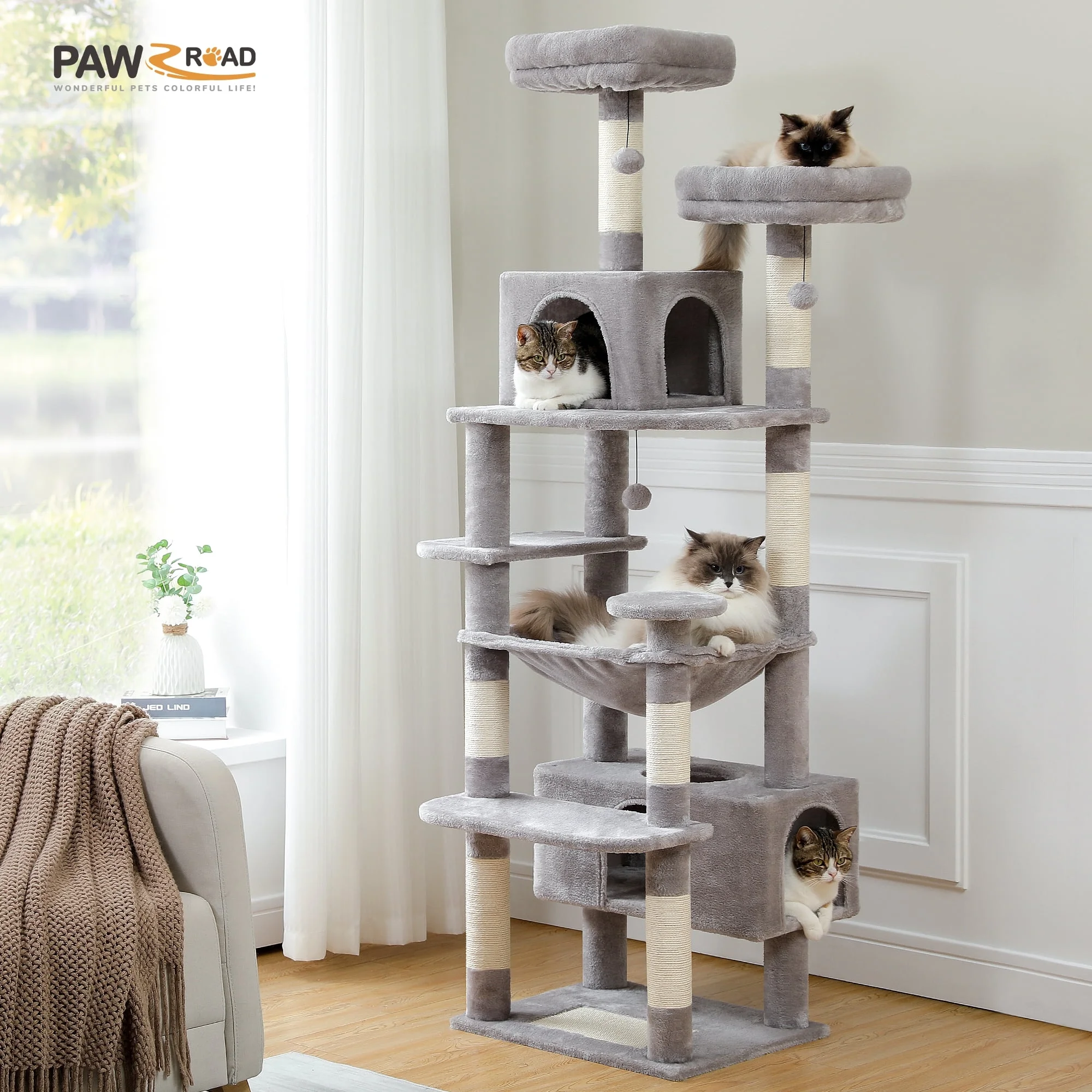 PAWZ Road 73″ Cat Tree for Large Cats Multi Level Tall Cat Tower Condo with 7 Scratching Posts, Gray