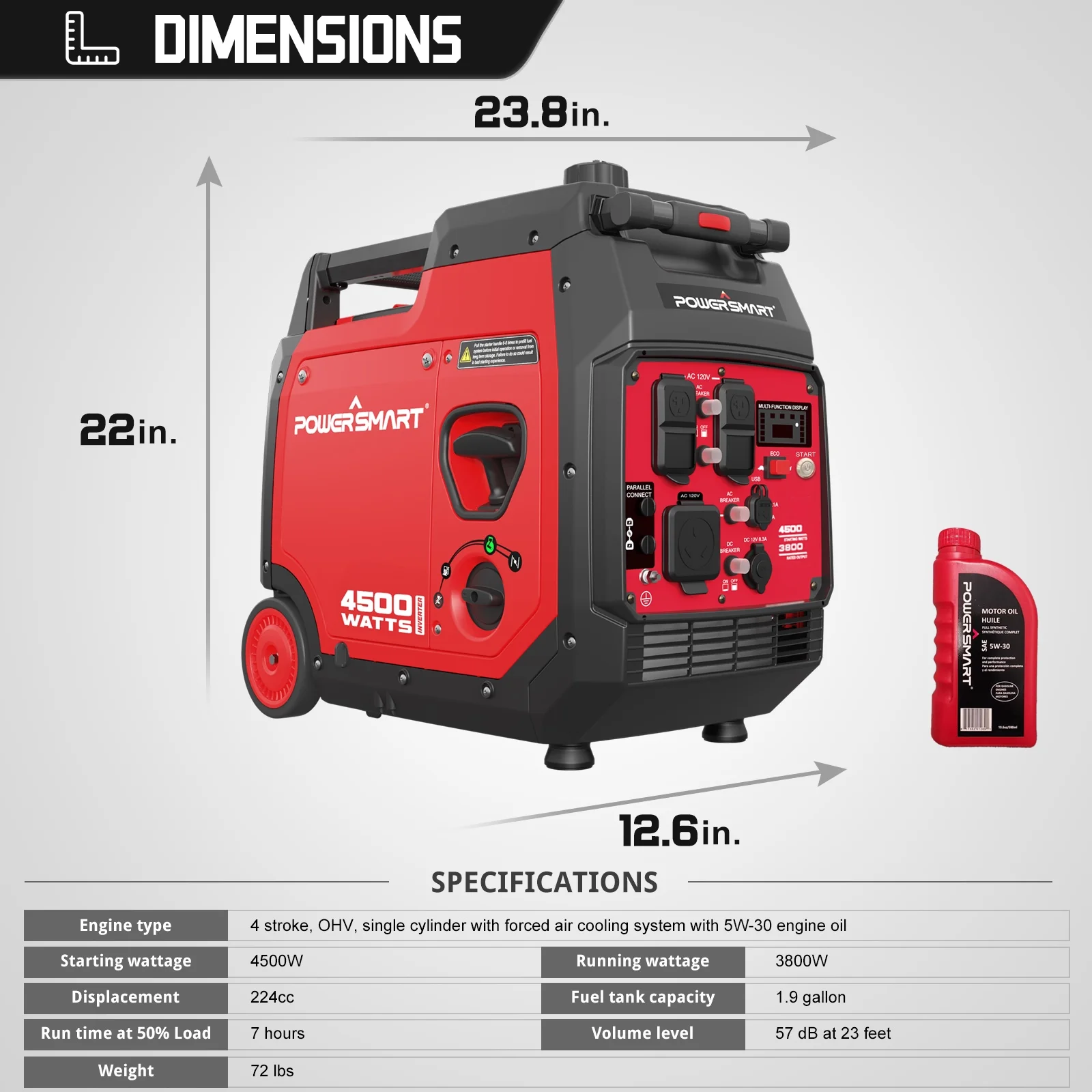 PowerSmart 4500W Portable Inverter Gas Generator with Electric Start for Home Emergencies with wheel