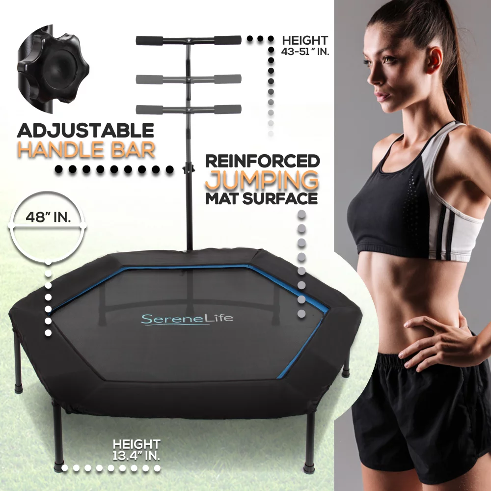 SereneLife SLELT518 – Pro Aerobics Fitness Trampoline – Portable Gym Sports Trampoline with Adjustable Handrail