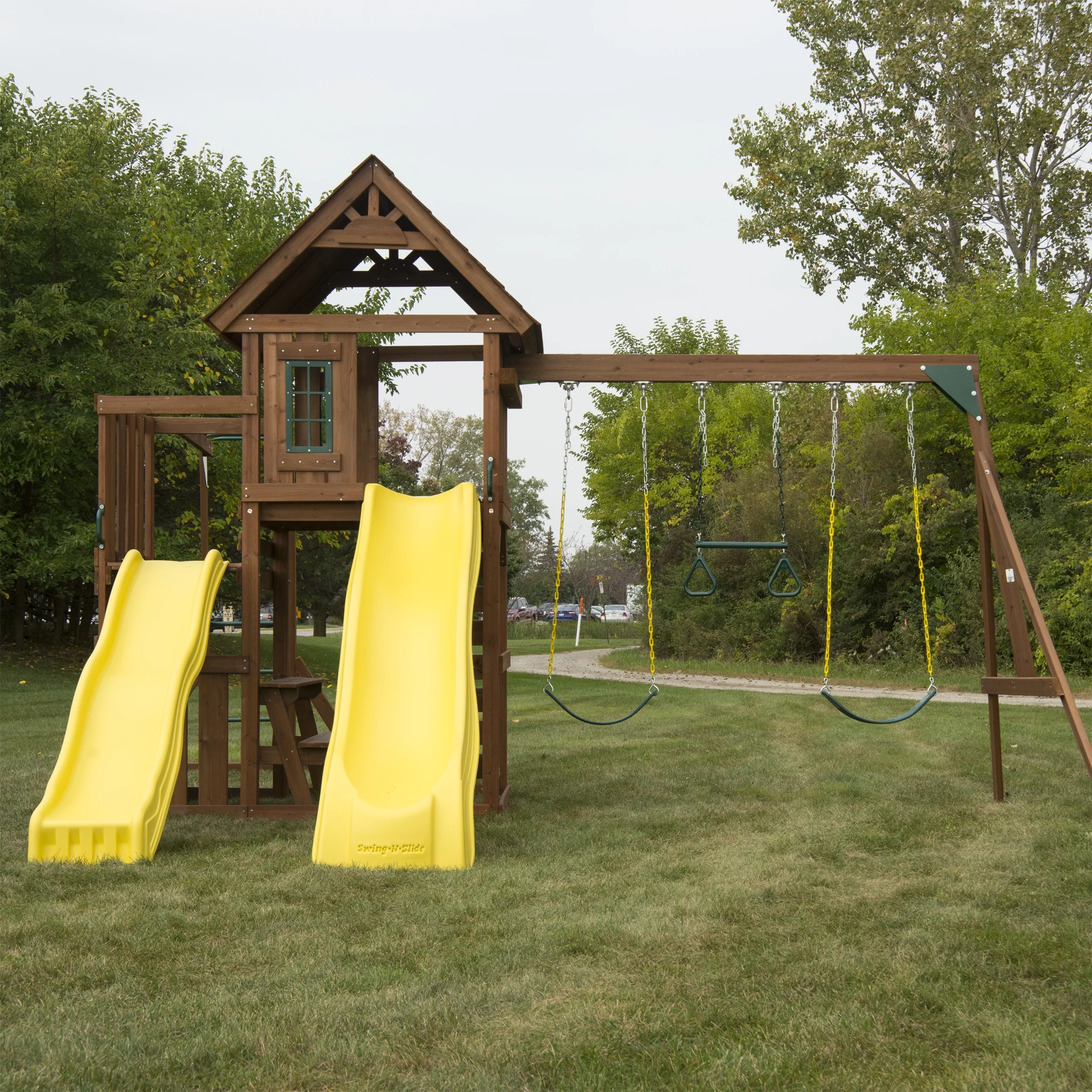 Swing-N-Slide Timberview Wooden Backyard Swing Set with Two Yellow Wave Slides, Wood Roof, Swings, and Monkey Bars