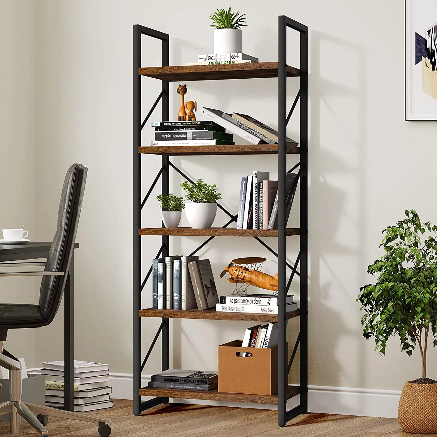 Dextrus 5-Tier Bookcase Storage Shelves, 65 in Ladder Bookshelf, Industrial Furniture for Bedroom Living Room Office, Charcoal Gray &Black