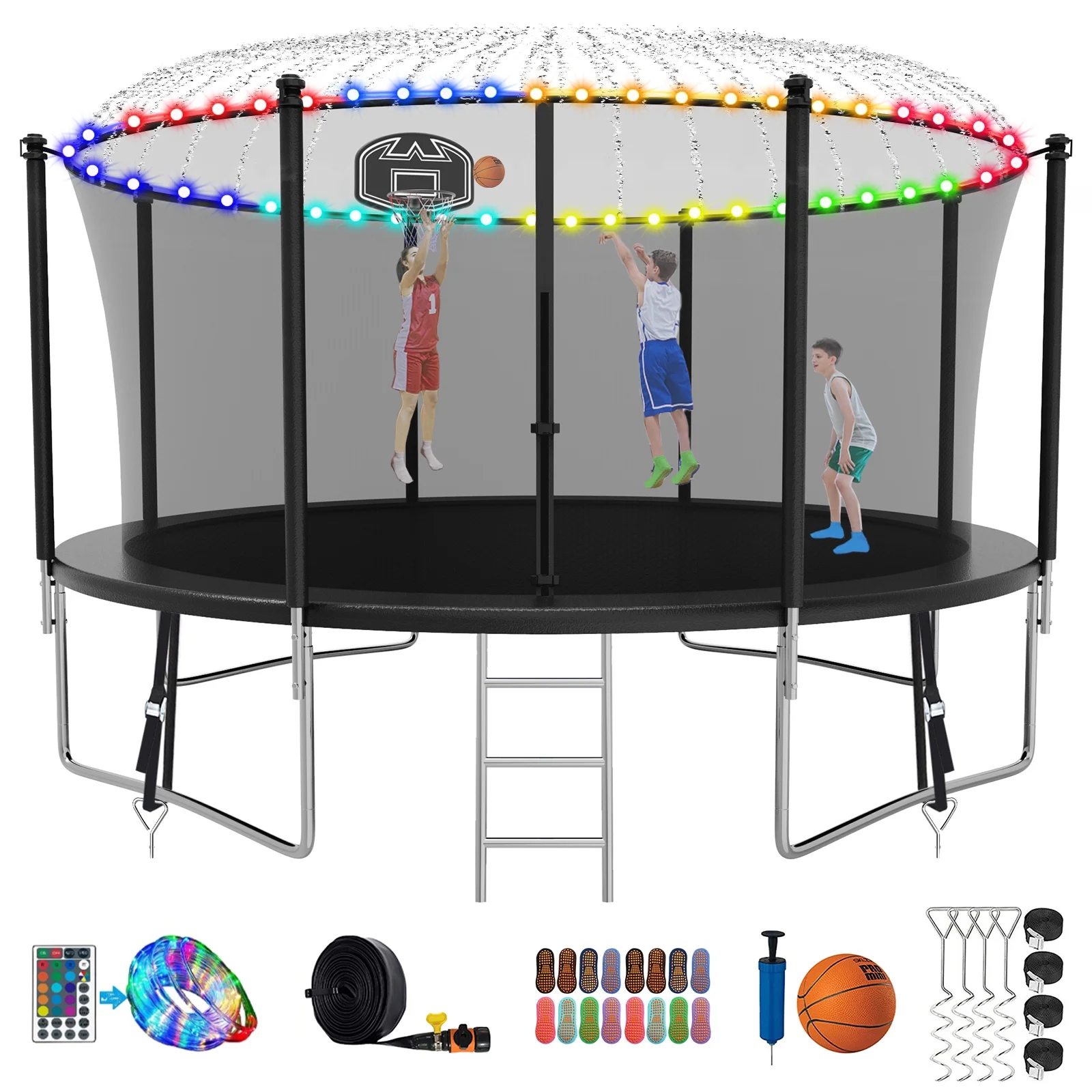 Kumix Trampoline with Enclosure, 1200LBS 12 14 15 16FT Trampoline for Kids Adults, Trampoline with Basketball Hoop, Lights, Sprinkler and Socks, Outdoor Heavy Duty Trampoline, ASTM CPC CPSIA