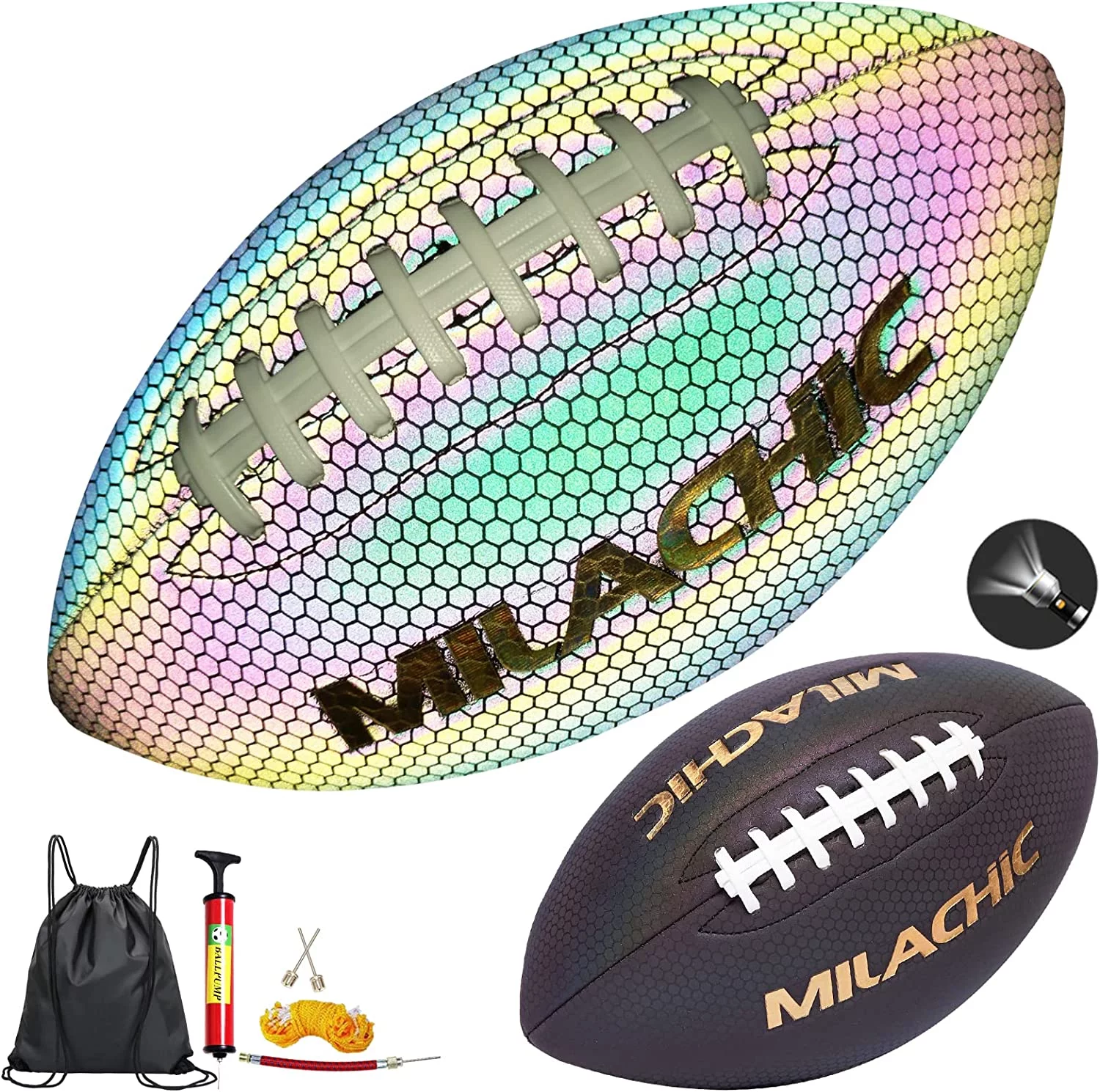 MILACHIC Football, Holographic Football – Reflective Glowing Footballs for Kids, Teens and Adults, Composite Leather Football with Pump (Official Size 9 & Youth Size 6 & Peewee Size 3)