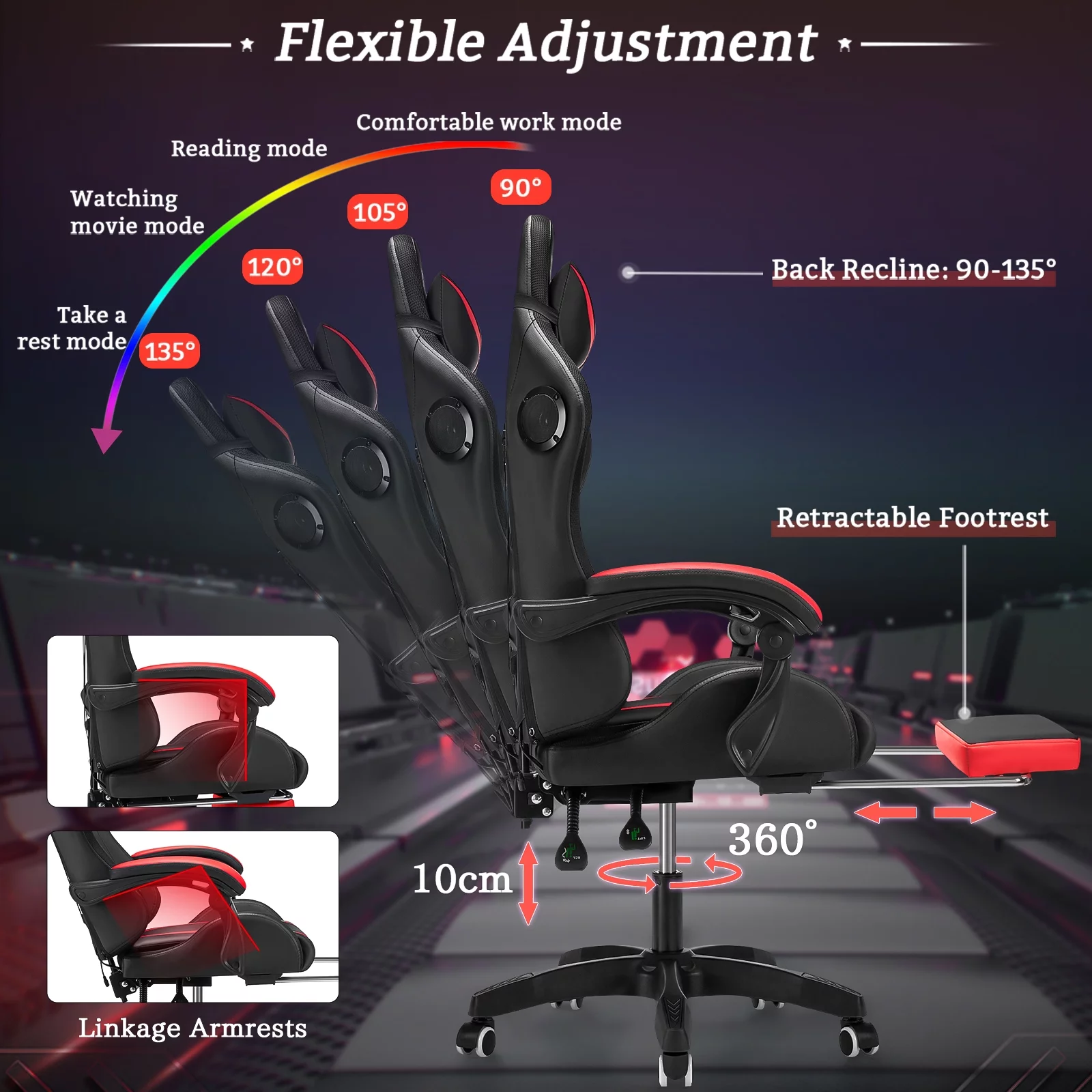 Hoffree Gaming Chair with Speakers PU Leather Office Chair with Footrest and LED Lights Ergonomic Gamer Chair with Massage Lumbar Support and Headrest Adjustable Swivel for Home Office 300lb