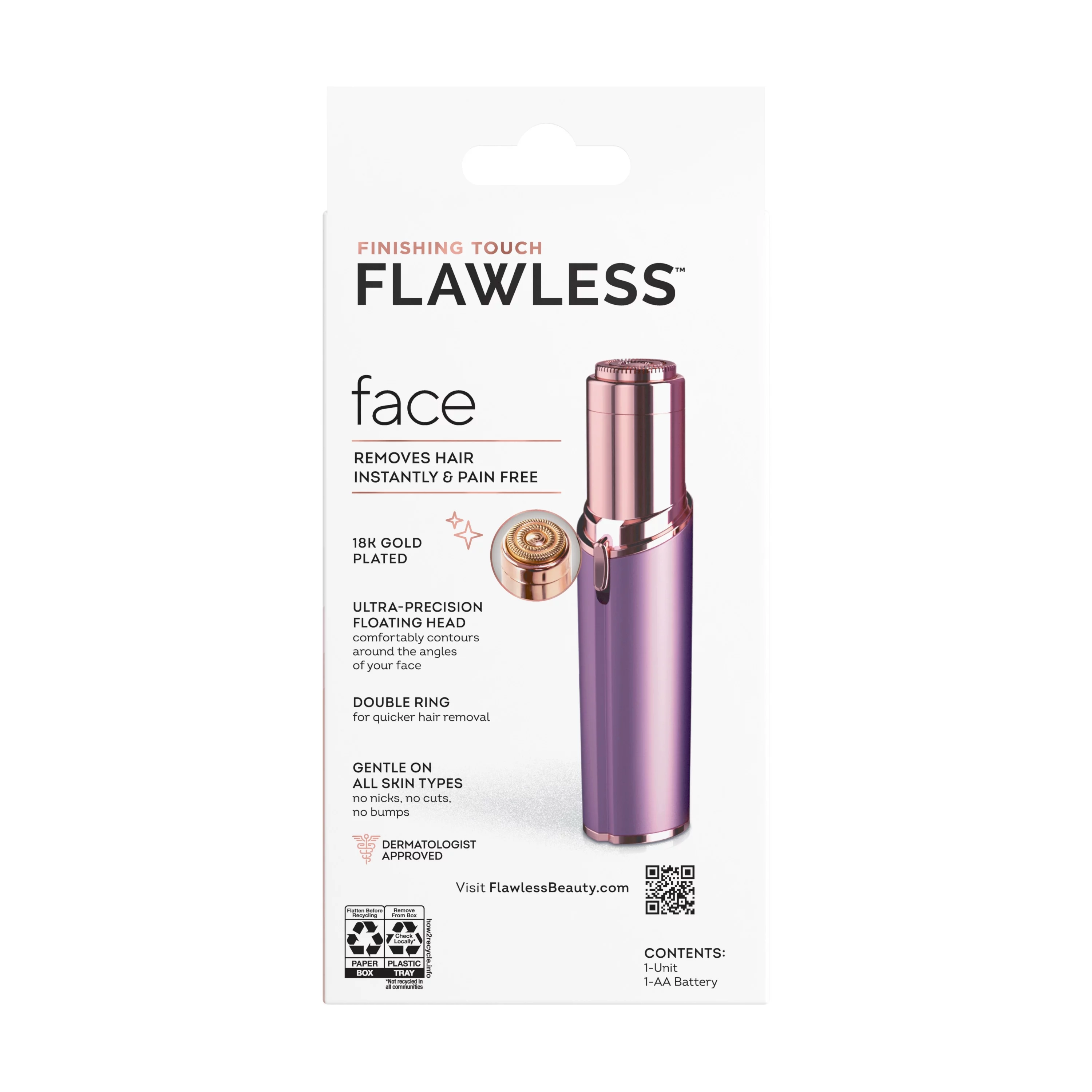 Finishing Touch Flawless Facial Hair Remover for Women, Electric Face Razor for Women with LED Light for Instant and Painless Hair Removal, Lavender & Rose Gold