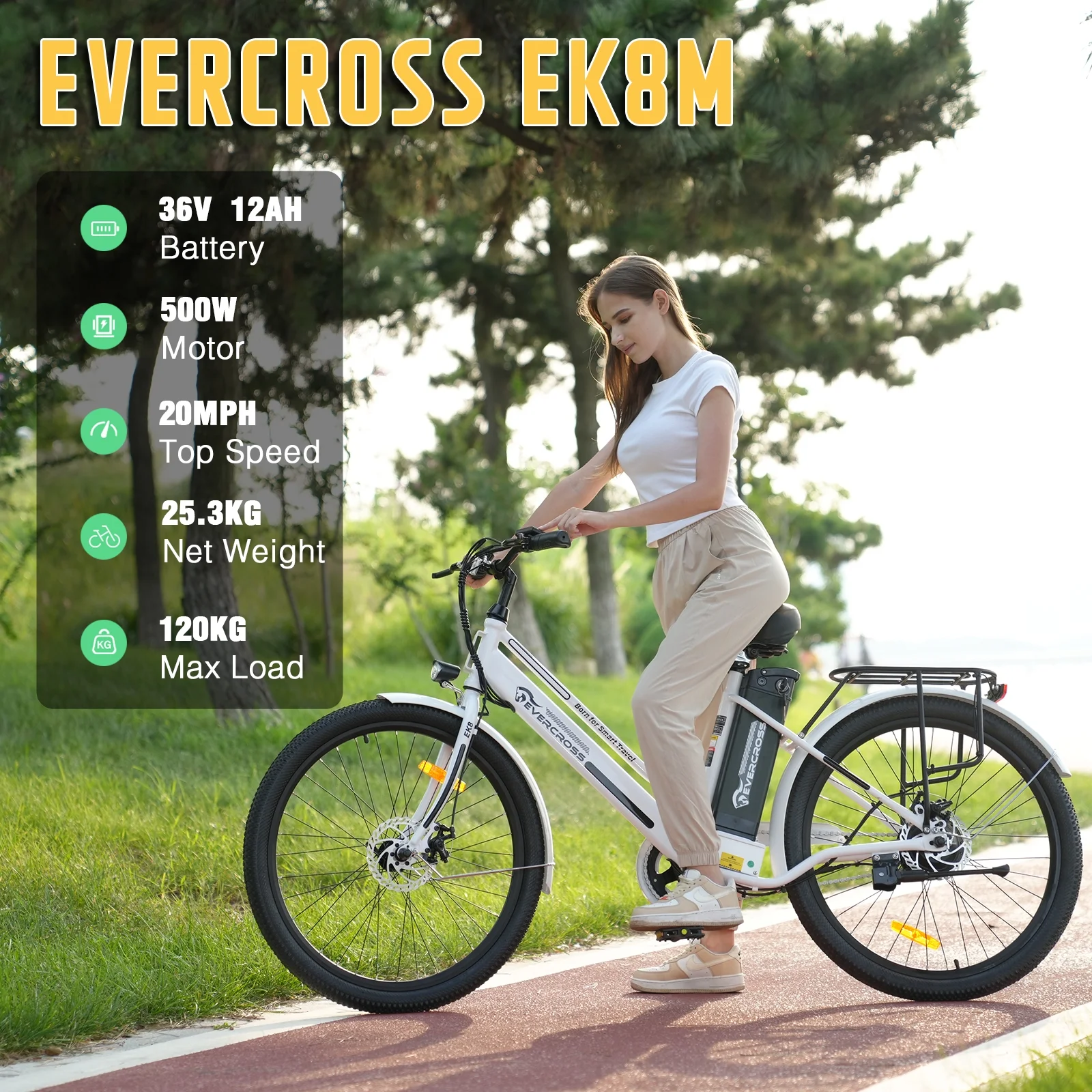 EVERCROSS Electric Bike, 26″ Ebike, 500W Motor Mountain Bike for Adults, 36V Removable Battery, Max.Speed 20MPH Electric Bicycle with LED Display for Women, White