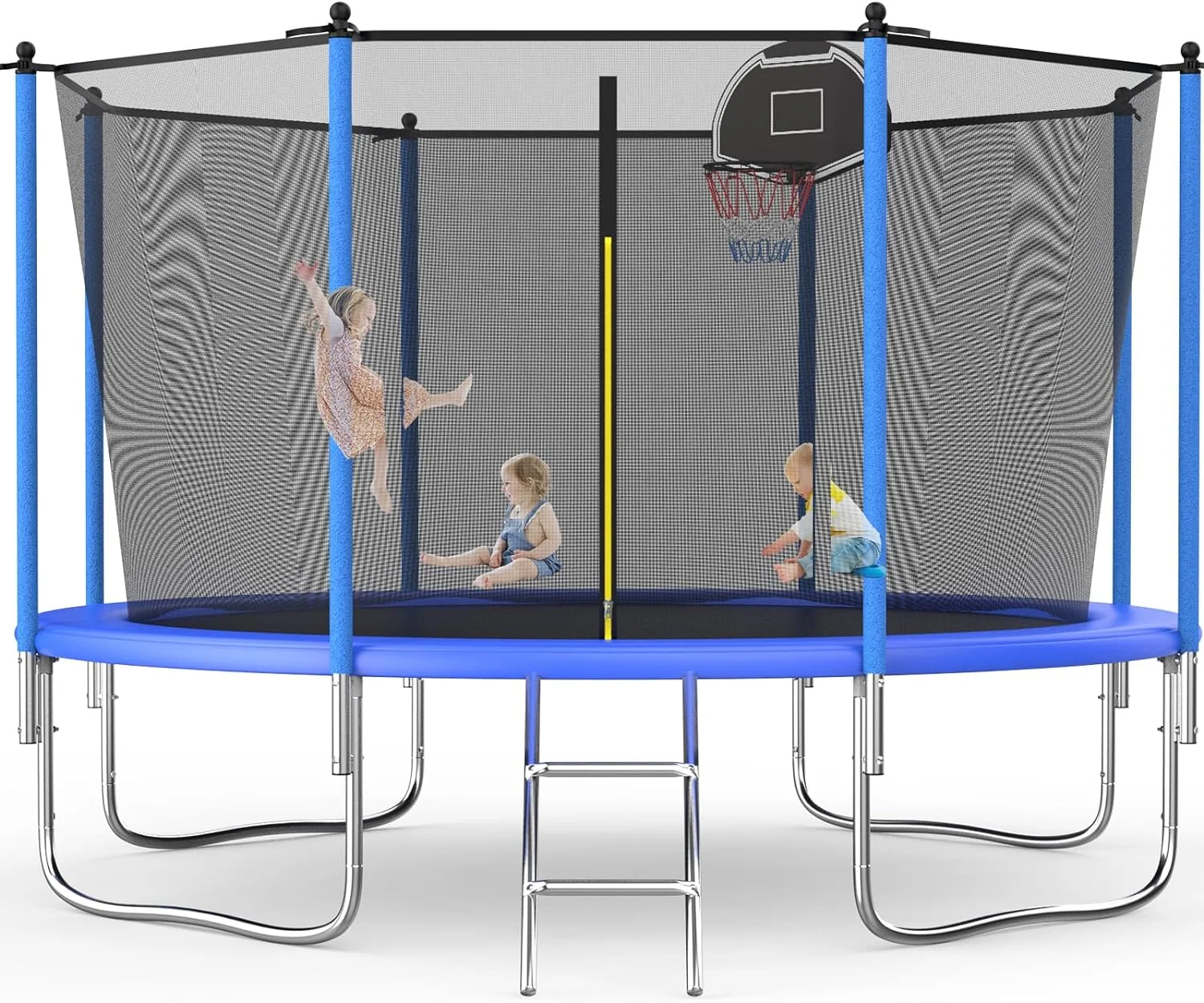 Kids Trampoline 10FT Round Trampoline with Basketball Hoop Safety Enclosure Net Ladder Padding-In Net GINSYTALIOR