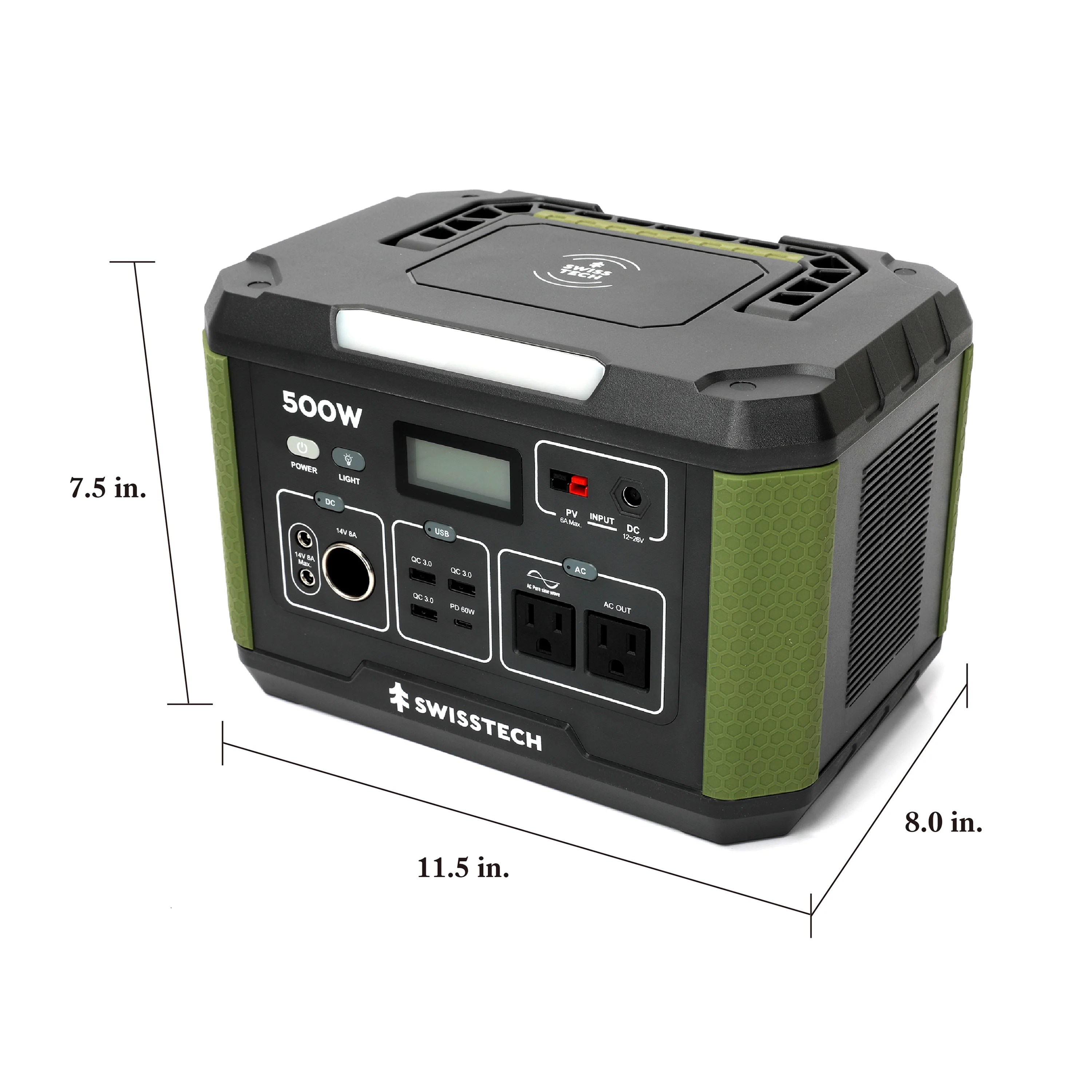 Swiss Tech 500W Portable Power Station, 519.4Wh, Solar Powered Battery for Camping and Travel Emergency