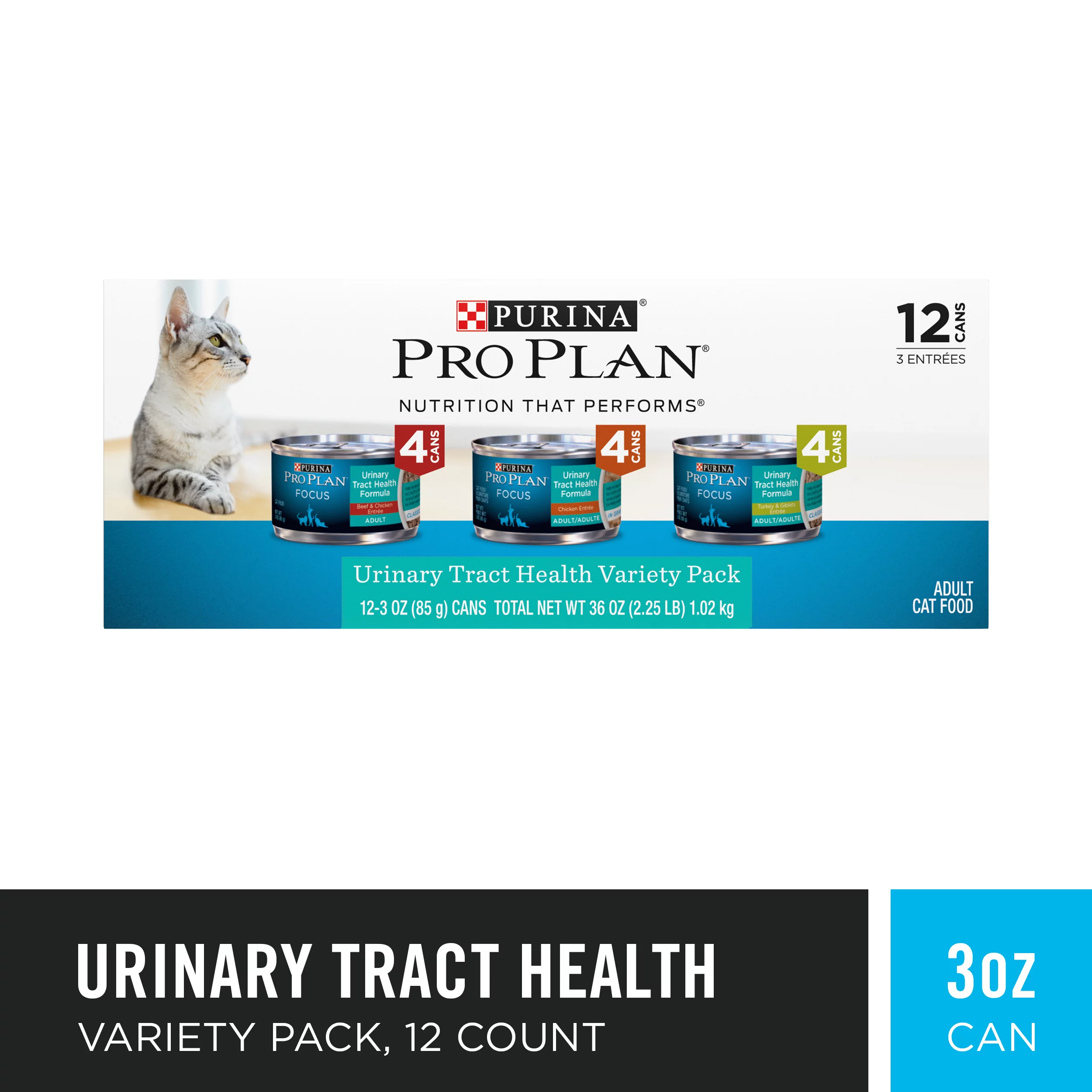 Purina Pro Plan Urinary Tract Cat Food Wet Variety Pack Chicken, Beef and Chicken, and Turkey and Giblets