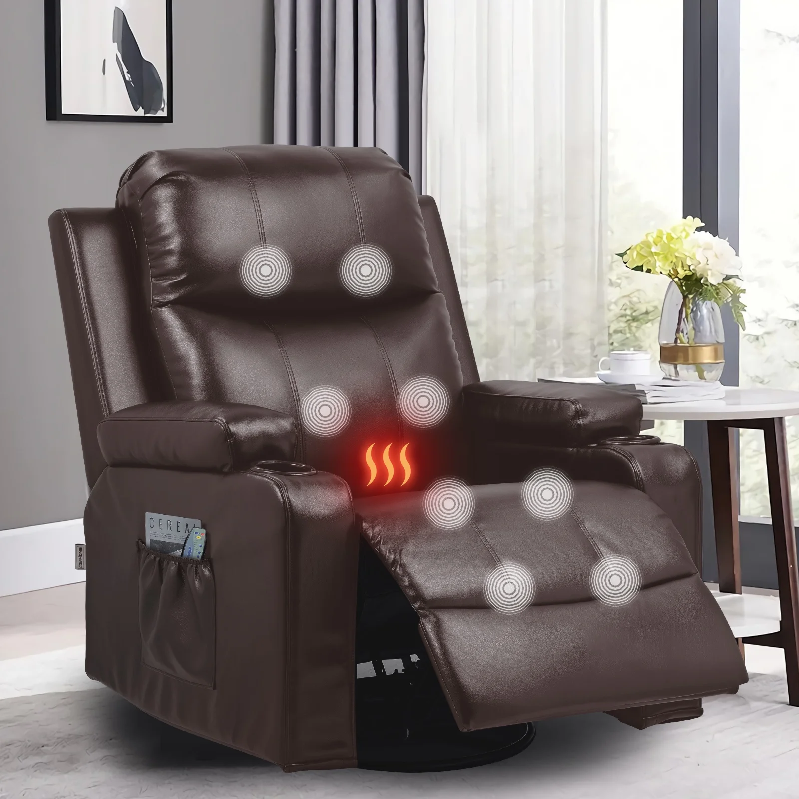 COMHOMA Swivel Rocker Recliner Chair with Heat and Massage, PU Leather Rocking Sofa Home Recliner for Living Room Home Theater Office, Black