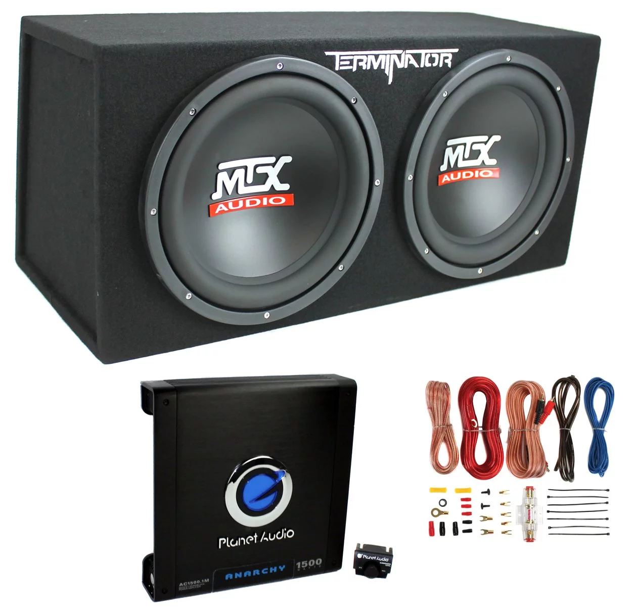 MTX TNE212D 12″ 1200W Dual Loaded Car Subwoofers + Box + Planet 1500W Amp + Kit